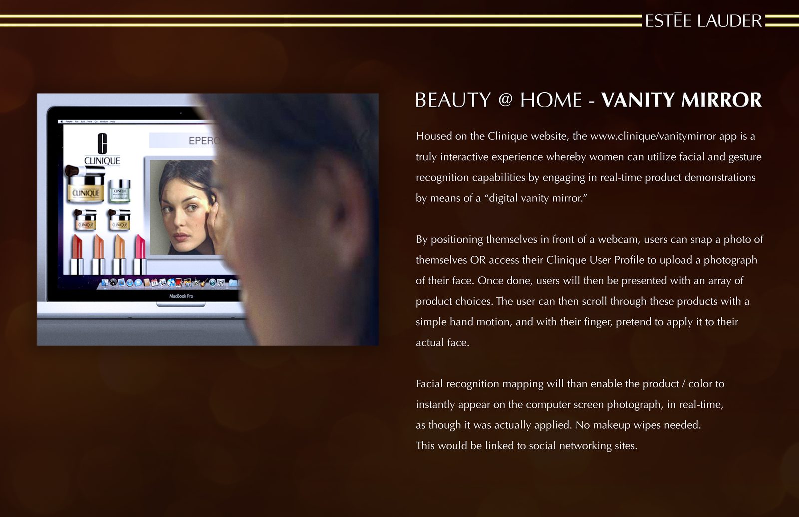Vanity Mirror concept slide: a woman tries on Clinique makeup via webcam on a MacBook screen