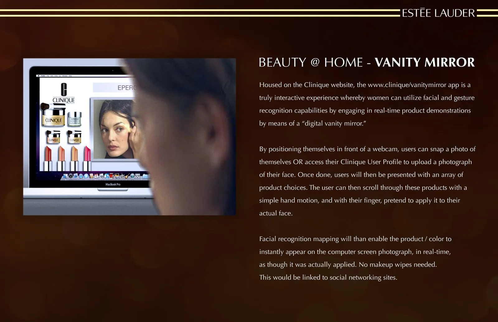 Vanity Mirror concept slide: a woman tries on Clinique makeup via webcam on a MacBook screen