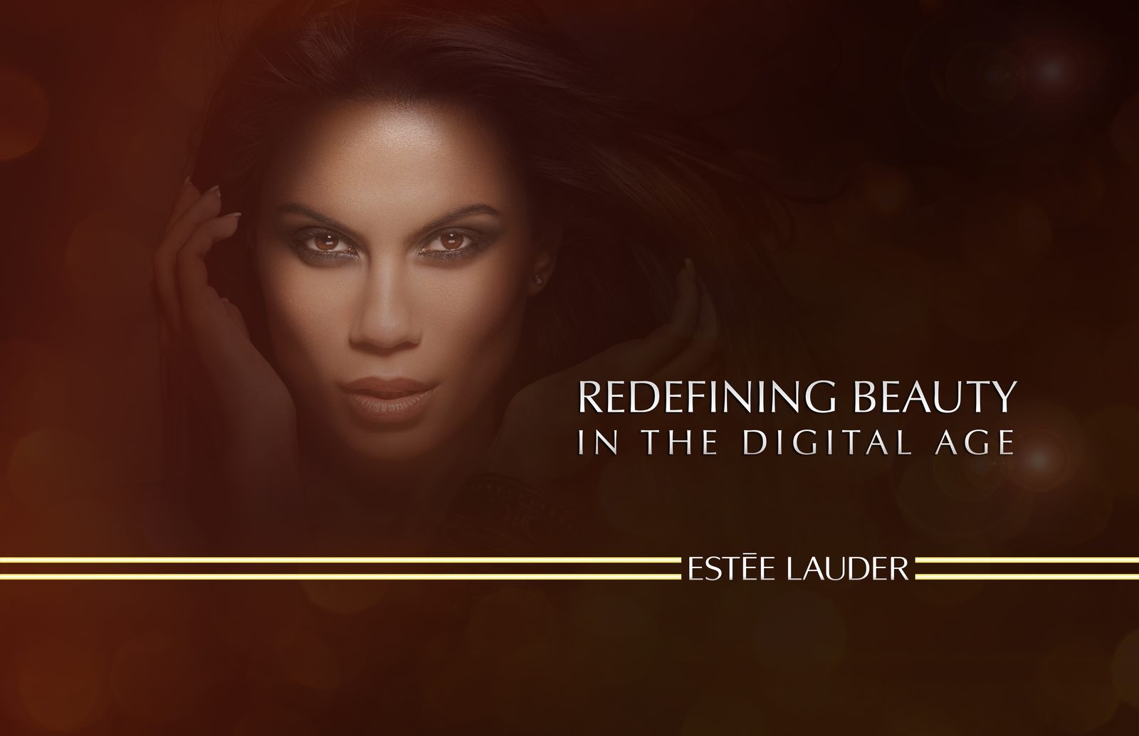 Estée Lauder title frame: a model gazes forward beside the headline Redefining Beauty in the Digital Age