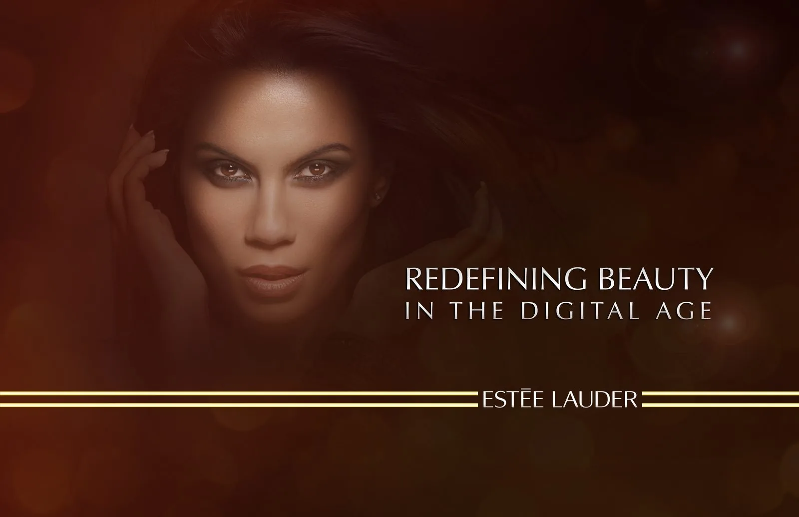 Estée Lauder title frame: a model gazes forward beside the headline Redefining Beauty in the Digital Age