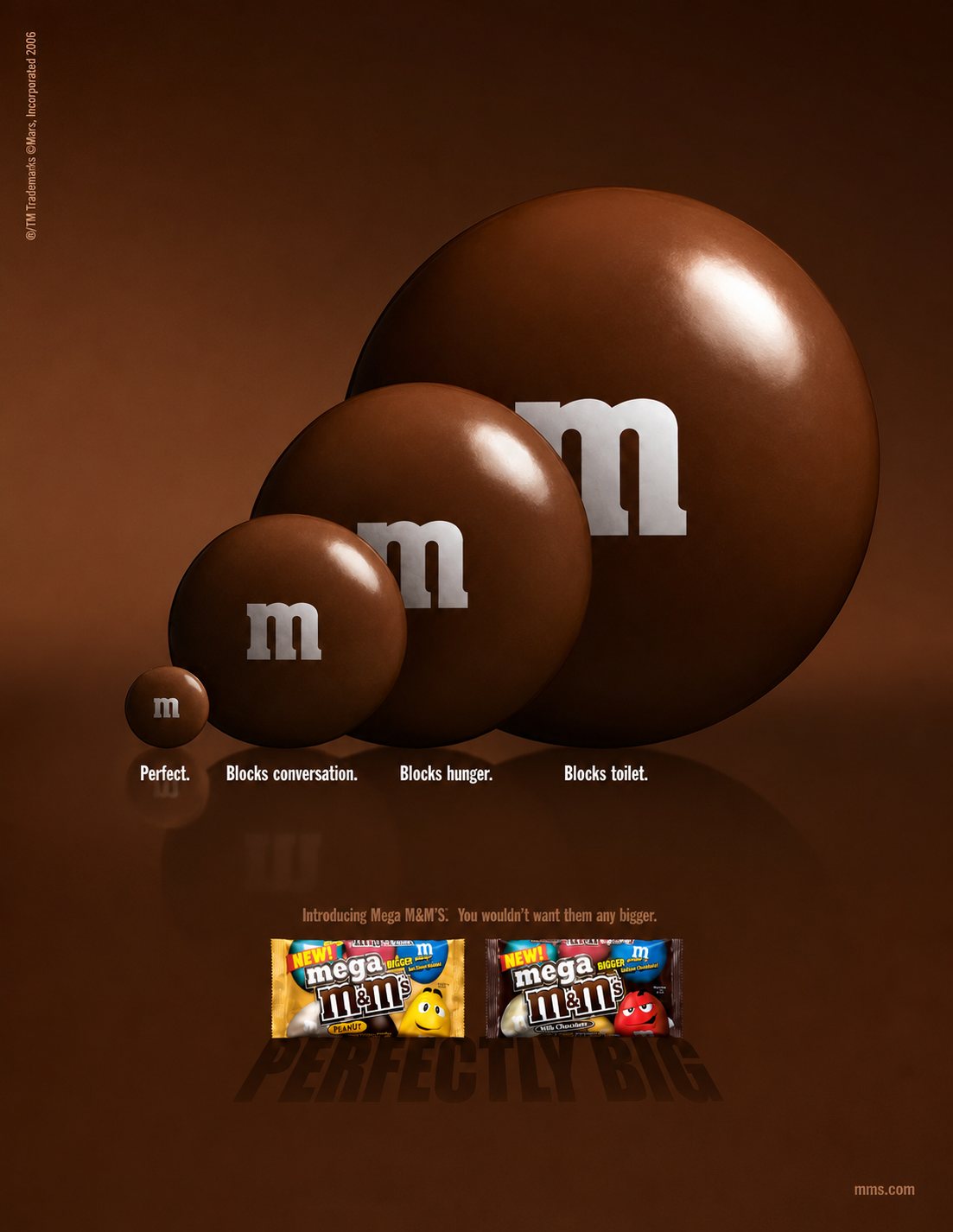 Mega M&M's campaign poster: four brown M&M's grow in size, labeled Perfect, Blocks conversation, Blocks hunger and Blocks toilet, above Mega M&M's packs and the tagline Perfectly Big