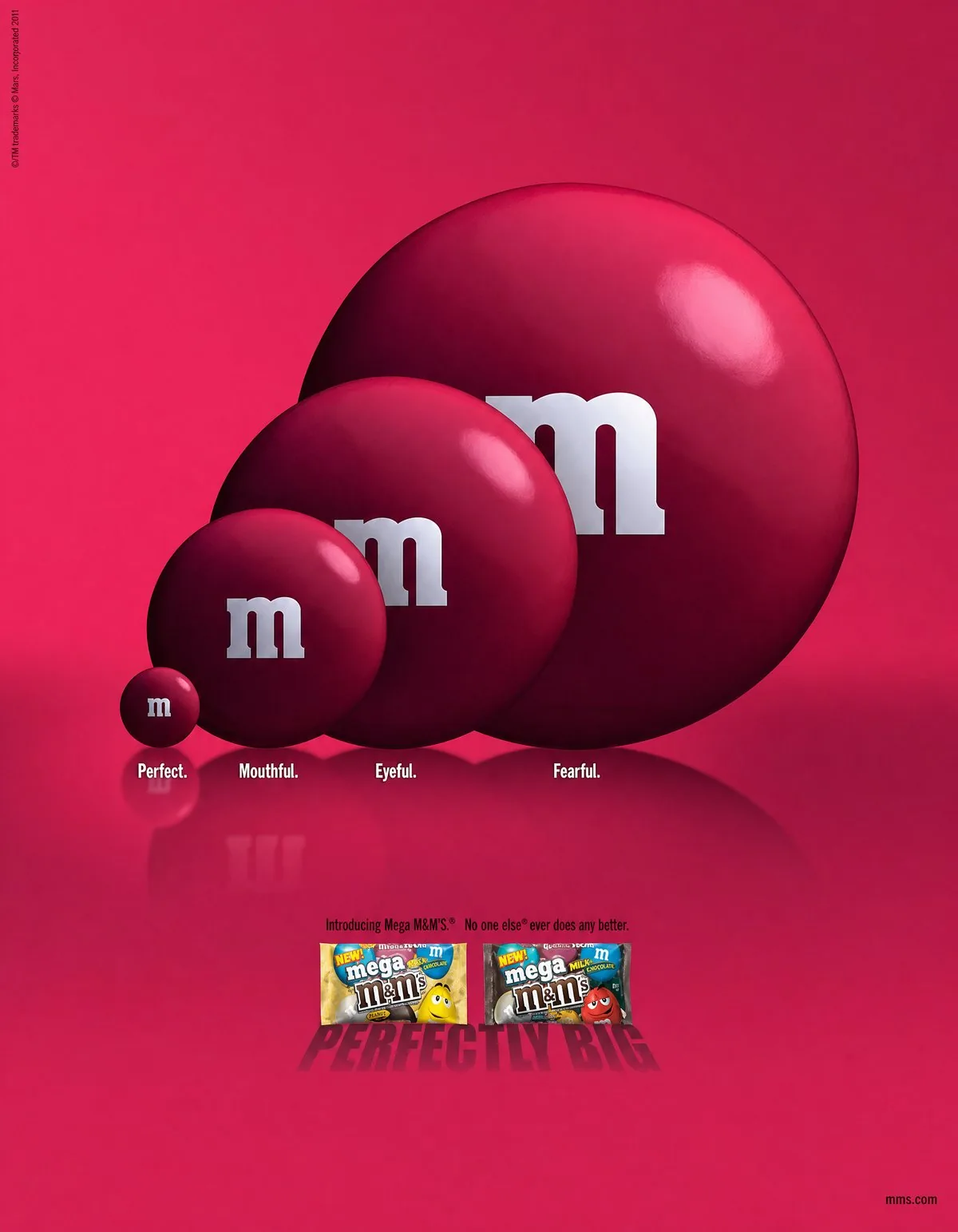Mega M&M's print ad: four red M&M's scale up in size, labeled Perfect, Mouthful, Eyeful and Fearful, above Mega M&M's packs and the tagline Perfectly Big