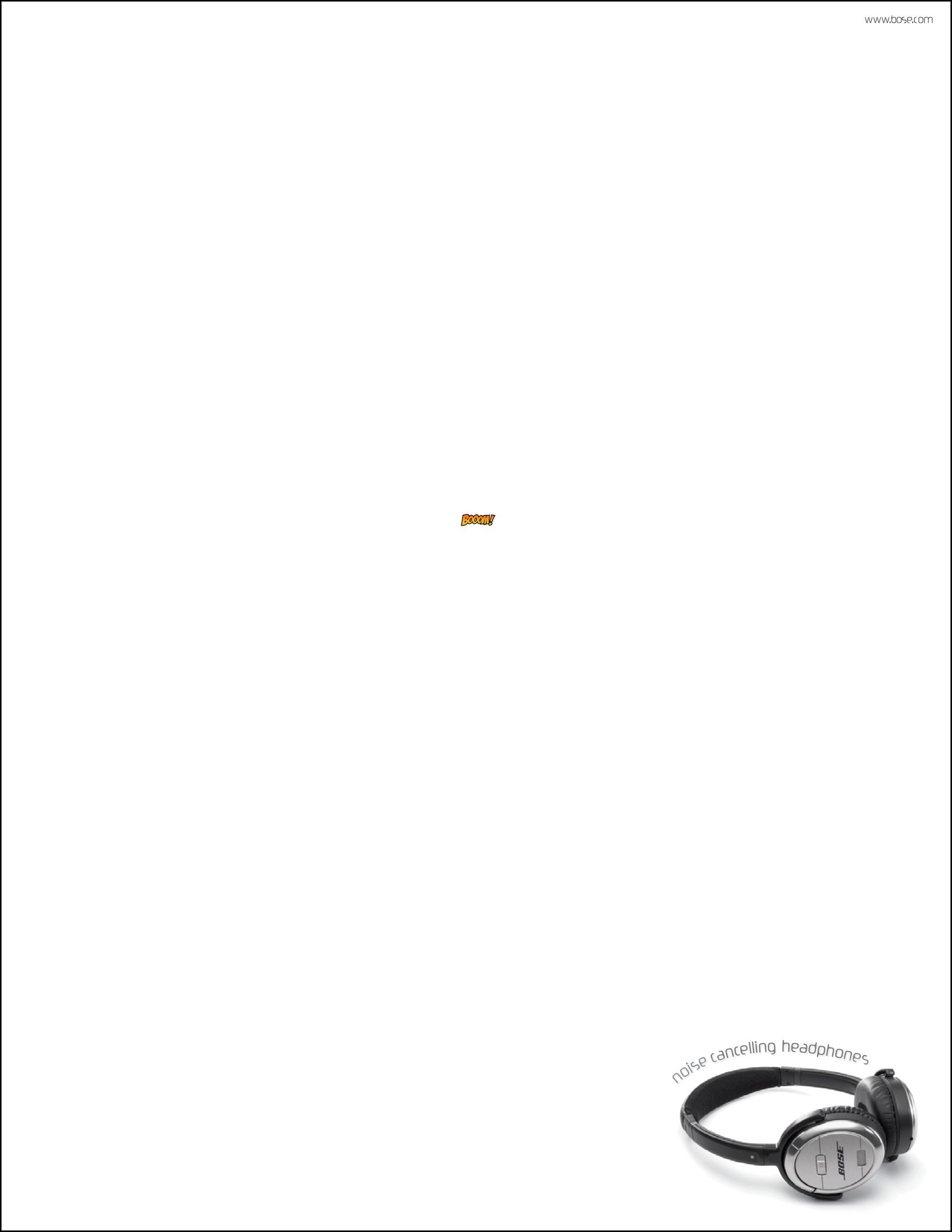 Bose print ad: a tiny comic-book Booom! floats in a vast white page above Bose noise cancelling headphones