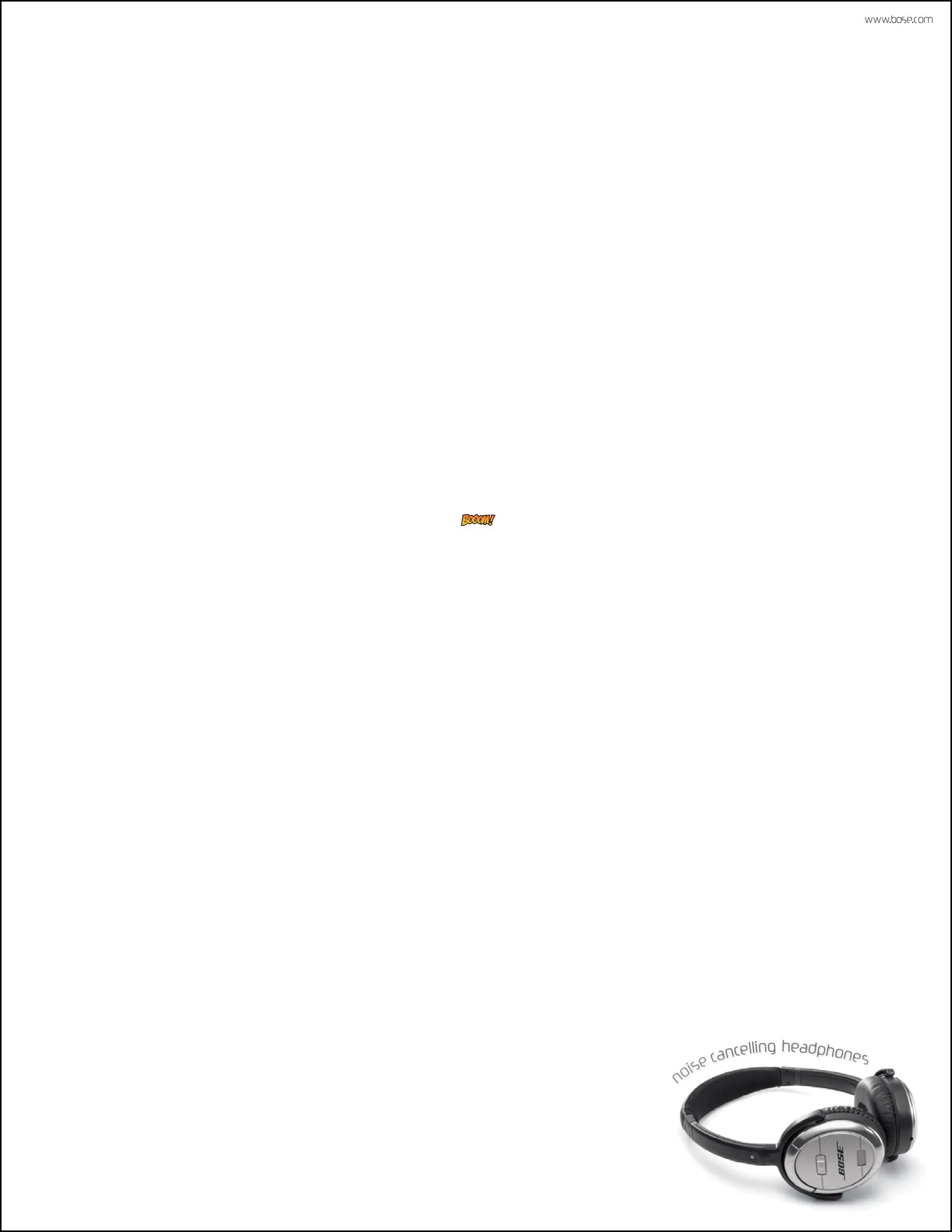 Bose print ad: a tiny comic-book Booom! floats in a vast white page above Bose noise cancelling headphones