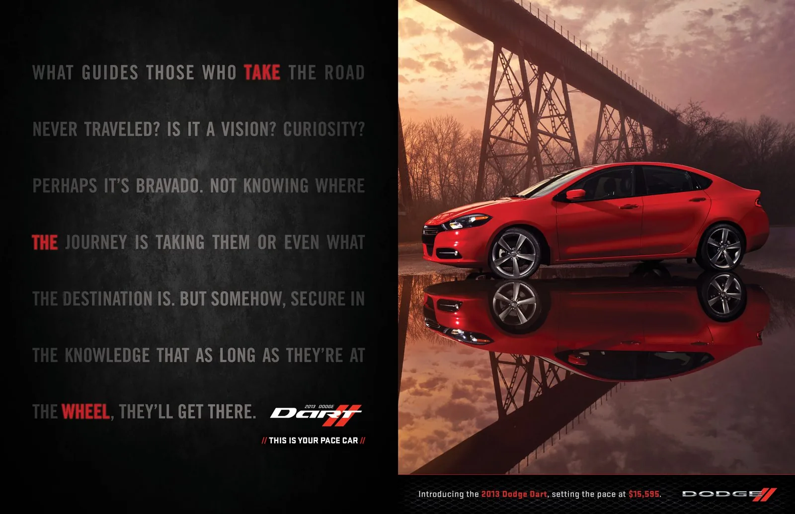 2013 Dodge Dart print spread: the red Dart mirrored in water under a trestle bridge at dusk
