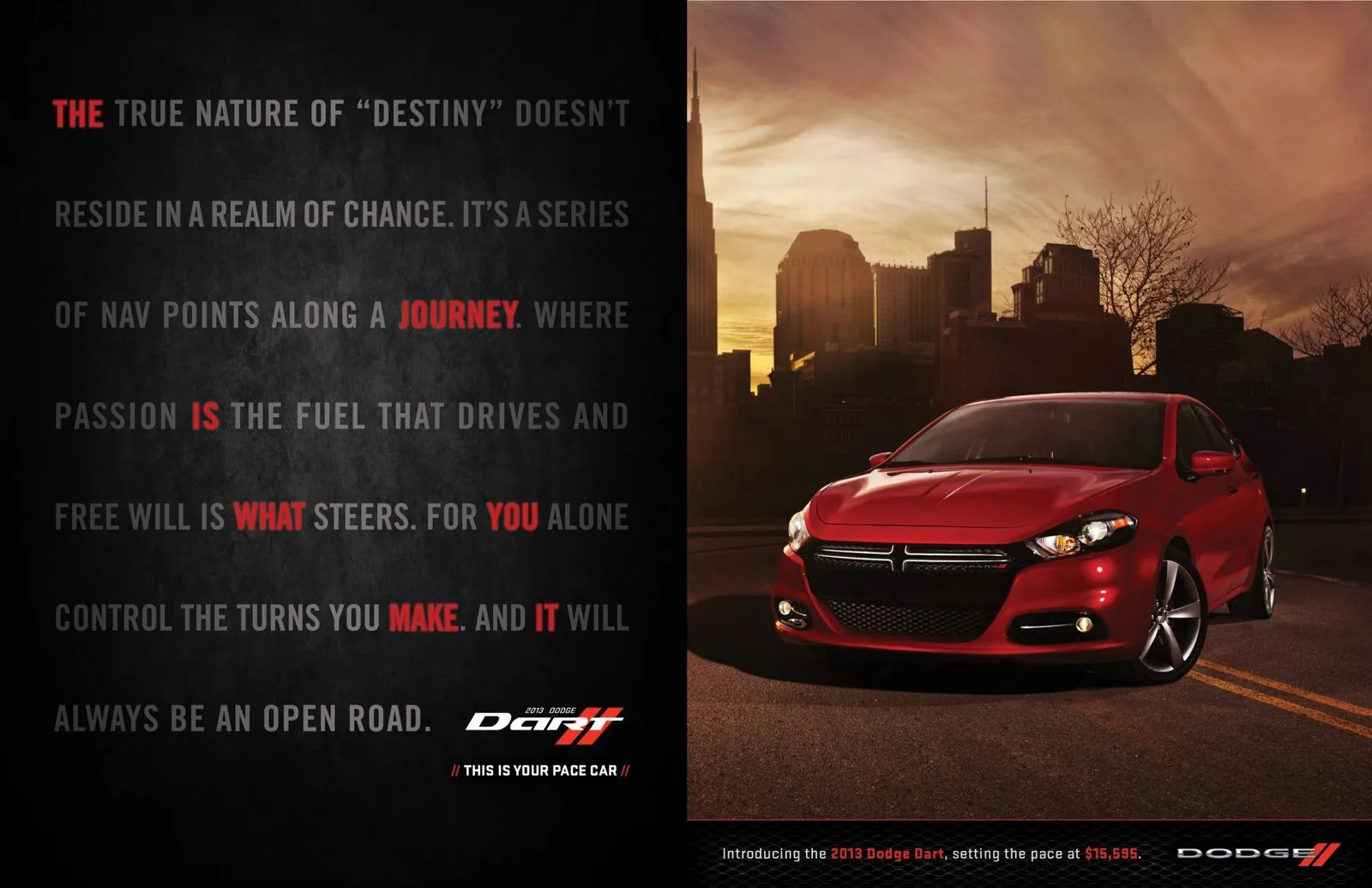 2013 Dodge Dart print spread: This Is Your Pace Car, the red Dart on a city street at dusk