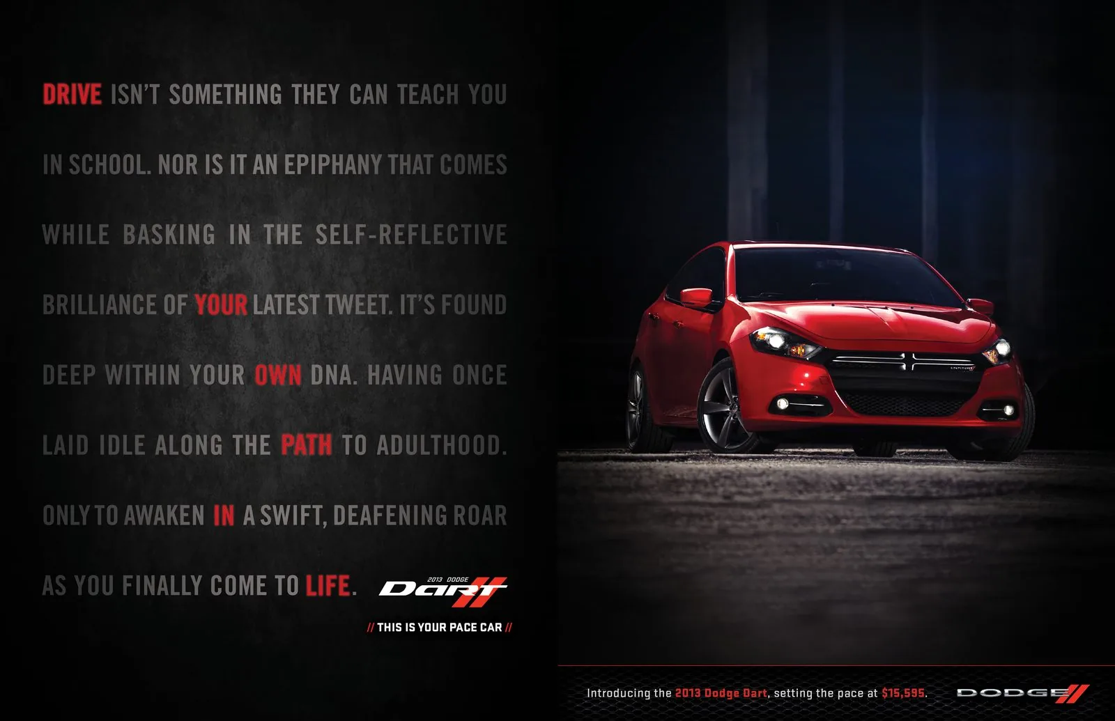 2013 Dodge Dart print spread: the Dart's headlights cutting through darkness