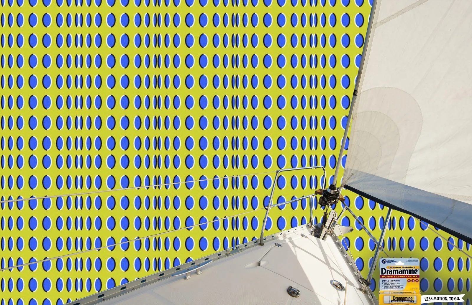 Dramamine print ad: a wobbling dot pattern looms over a sailboat bow and sail, with a Dramamine pack in the corner