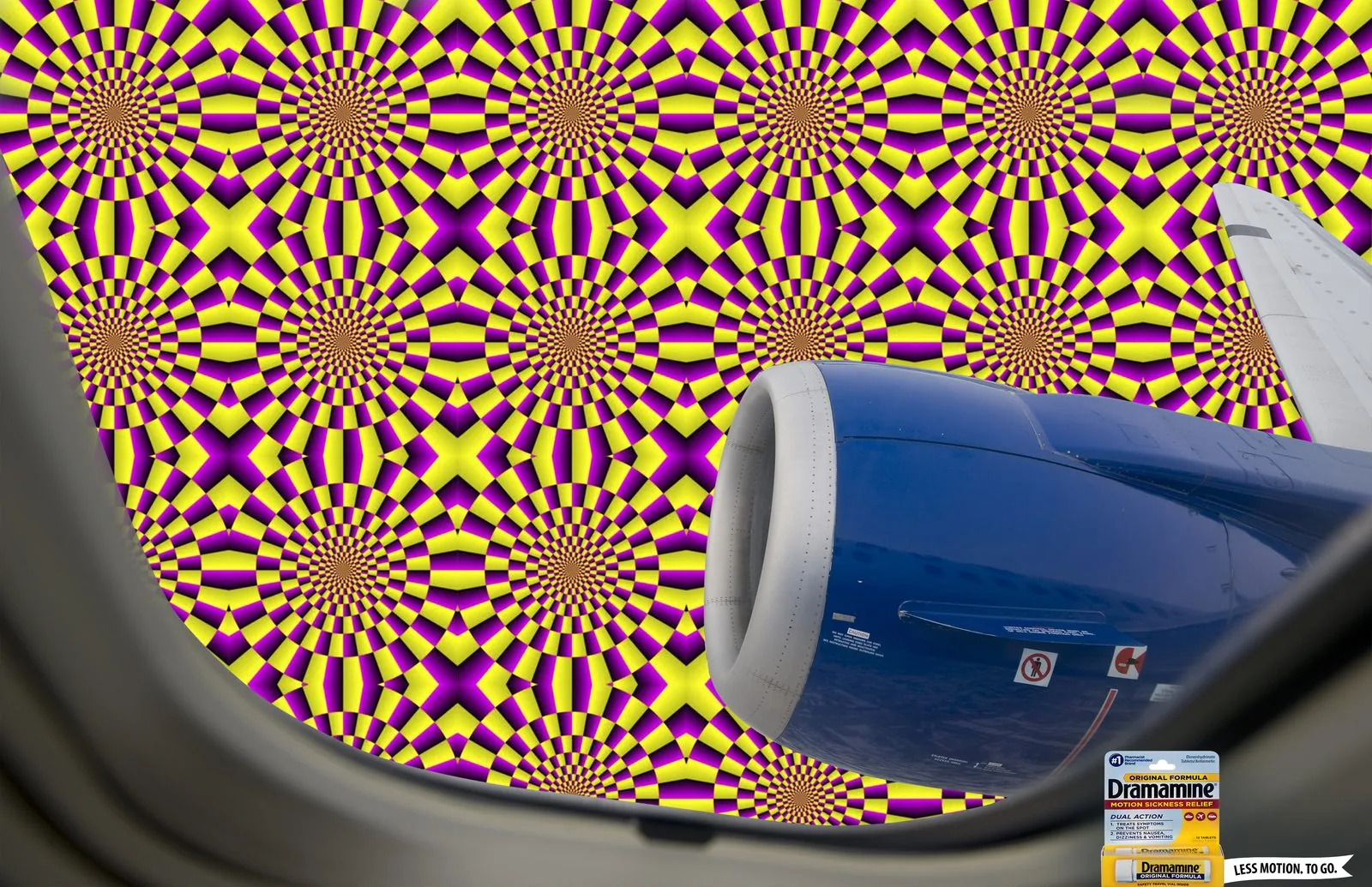 Dramamine print ad: a spinning optical-illusion pattern fills the sky past an airplane window and jet engine, with a Dramamine pack in the corner
