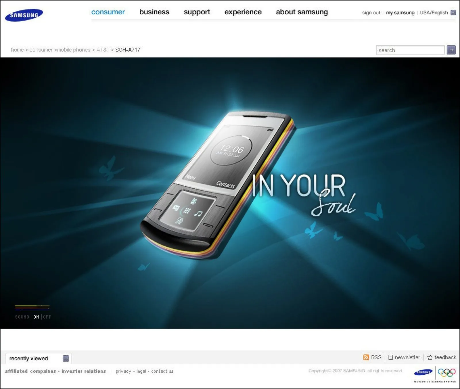 Samsung Soul site frame: the slider phone glows over a dark blue field with butterflies and the words In Your Soul