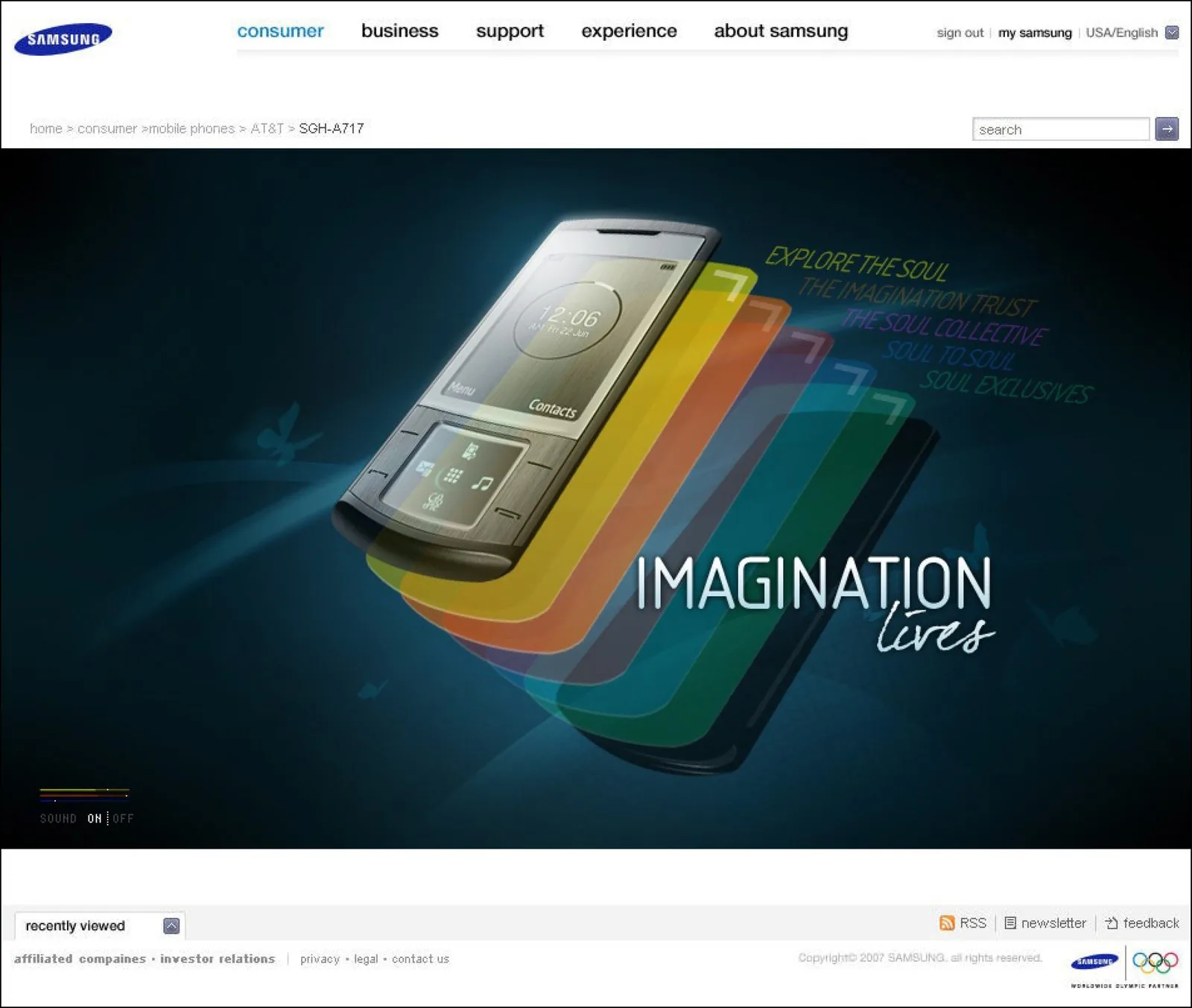Samsung Soul homepage: rainbow phone silhouettes fan out from the handset under the words Imagination Lives
