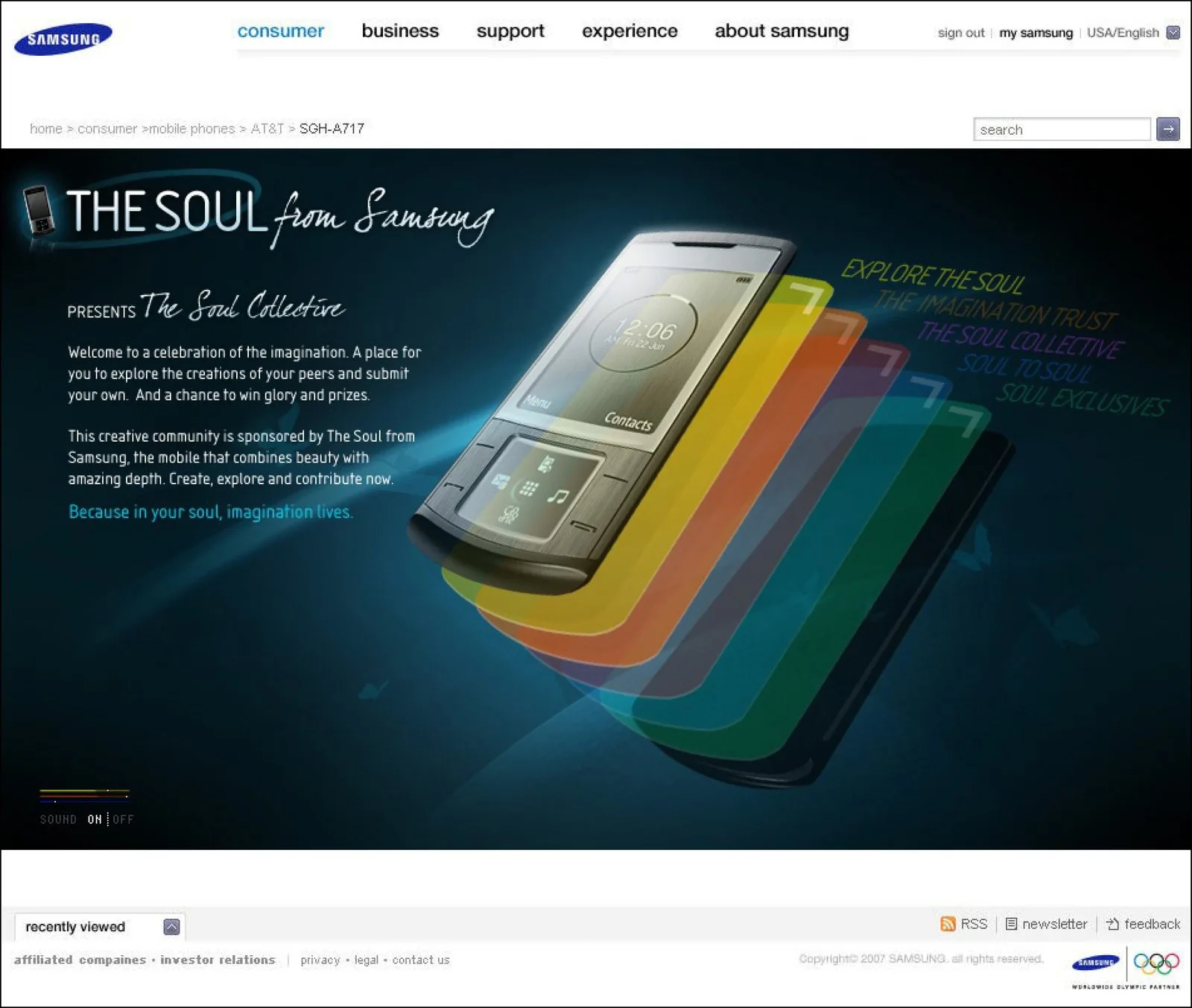 Samsung Soul Collective welcome page: The Soul from Samsung presents The Soul Collective, with intro copy and fanned phone colors