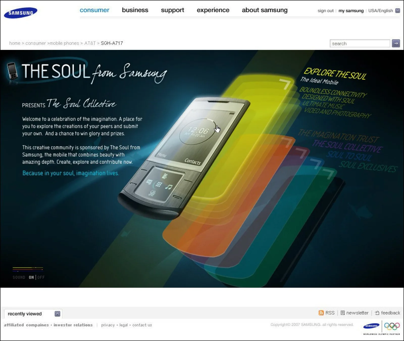 Samsung Soul navigation frame: the Explore the Soul menu expands into The Ideal Mobile feature list beside the handset