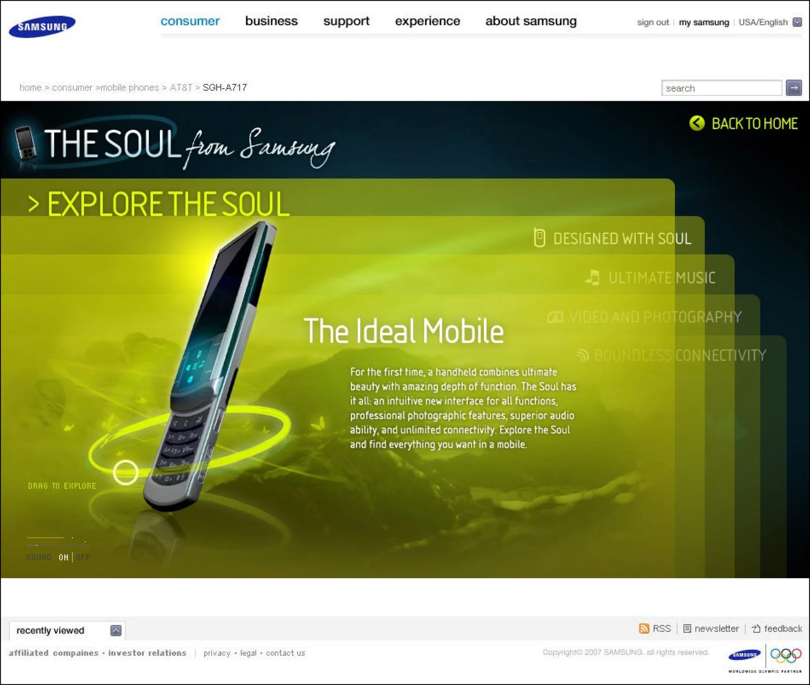 Samsung Soul section page: Explore the Soul, The Ideal Mobile, a drag-to-explore handset on a green landscape