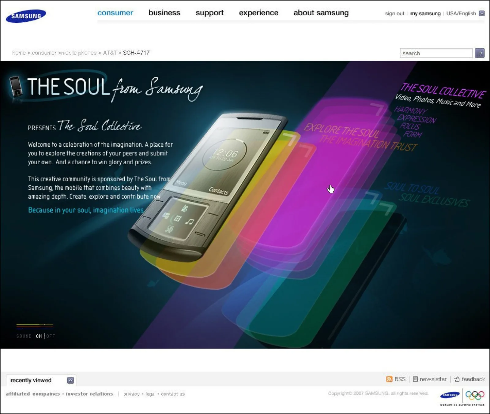 Samsung Soul navigation frame: The Soul Collective menu in magenta with Harmony, Expression, Focus and Form categories