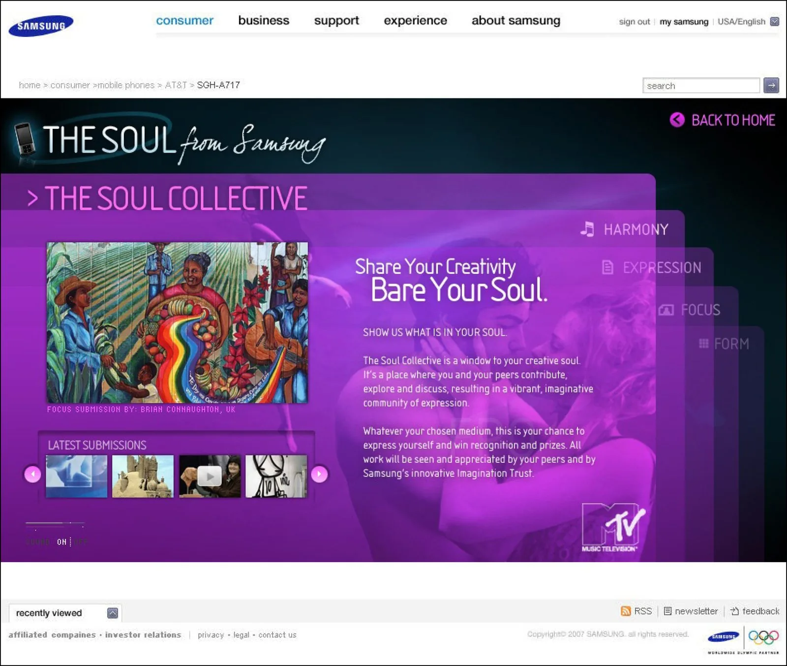 Samsung Soul Collective gallery page: Share Your Creativity, Bare Your Soul, with a featured mural submission, latest submissions strip and MTV logo