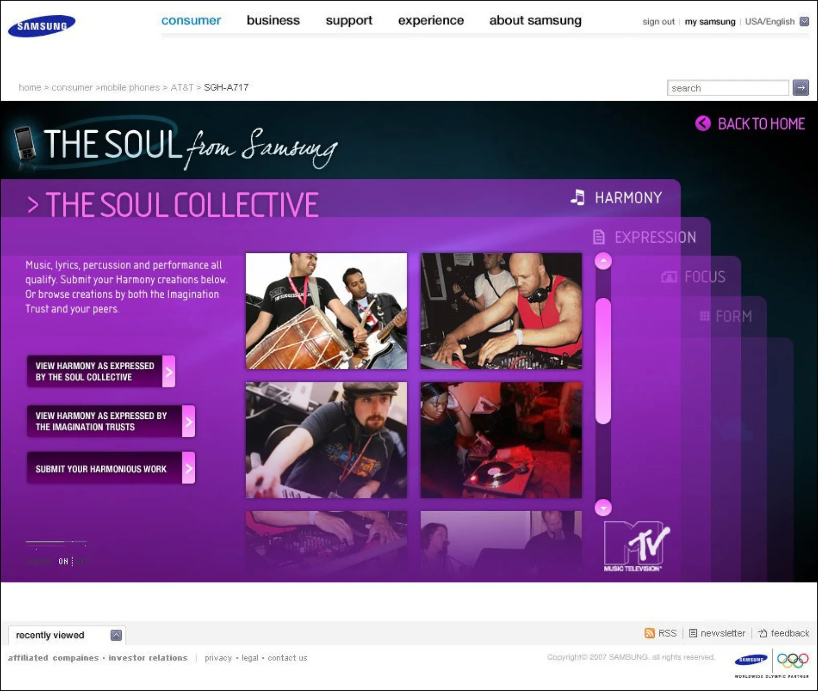 Samsung Soul Collective Harmony page: photos of drummers and DJs with buttons to view and submit music work