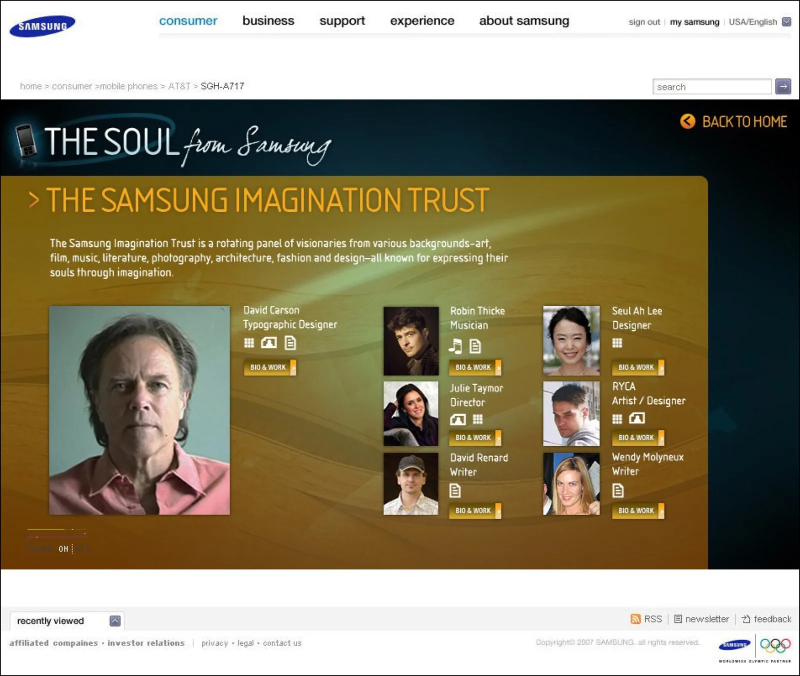 Samsung Imagination Trust page: portraits of the rotating judging panel, including David Carson and Robin Thicke