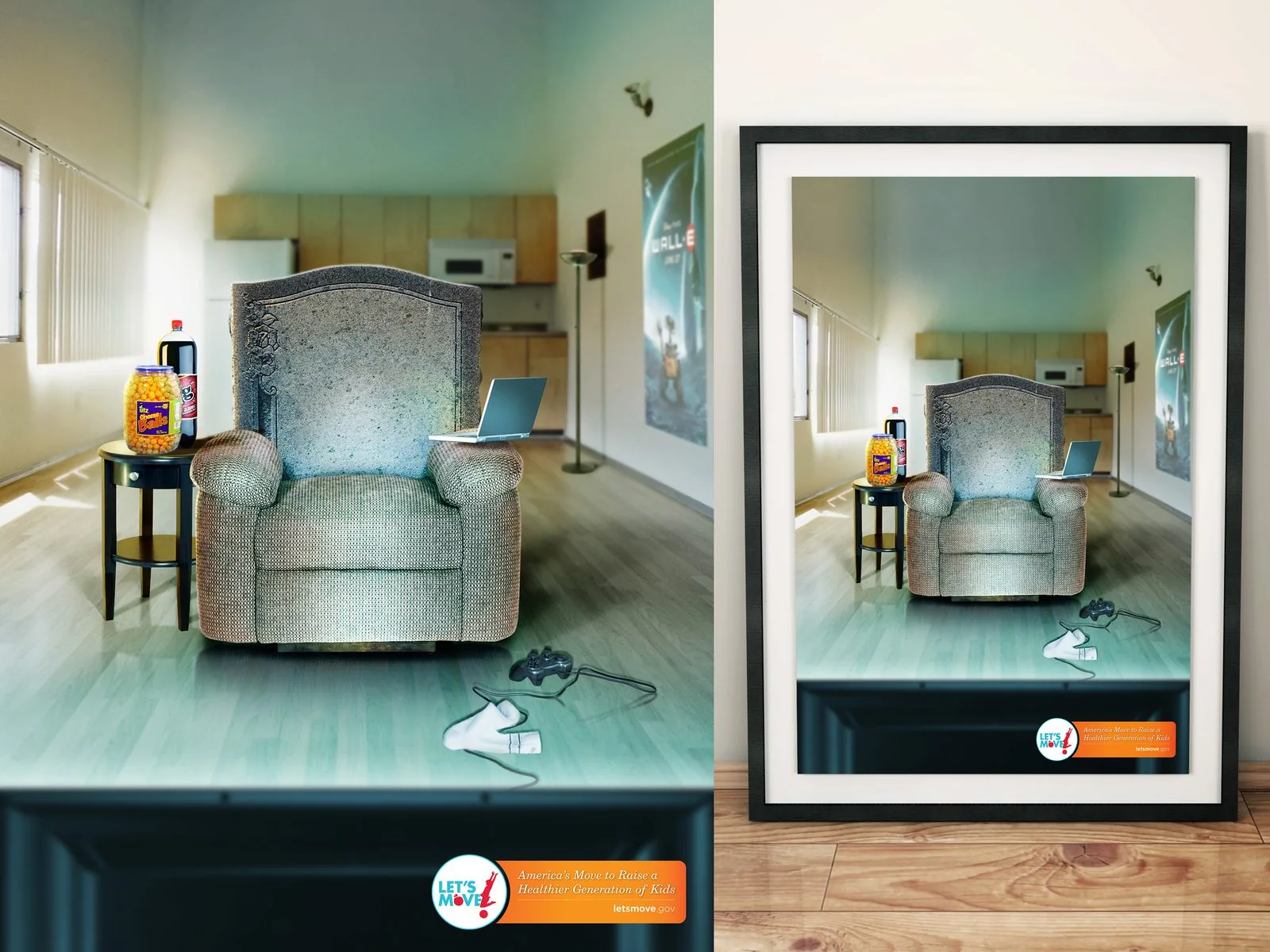 Let's Move print ad: a recliner with a gravestone-shaped back sits among snacks, soda and a game controller, with the letsmove.gov banner
