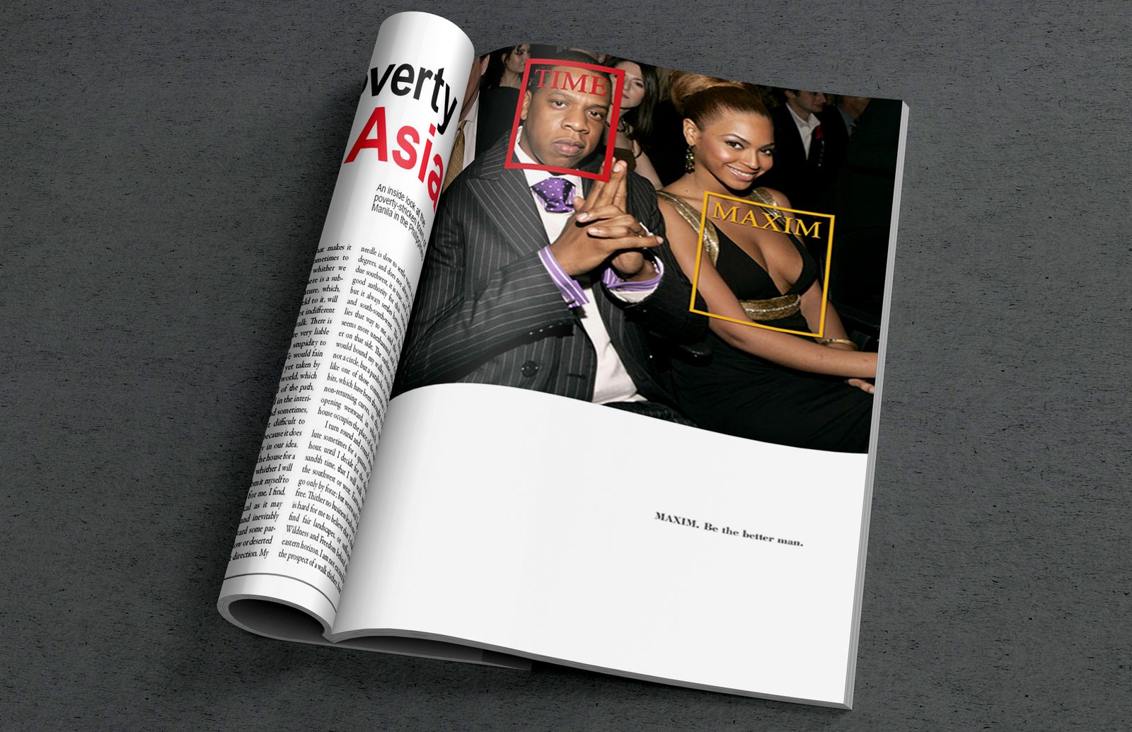 Maxim print ad in an open magazine: a red TIME box frames a man's face while a gold MAXIM box frames his companion's neckline