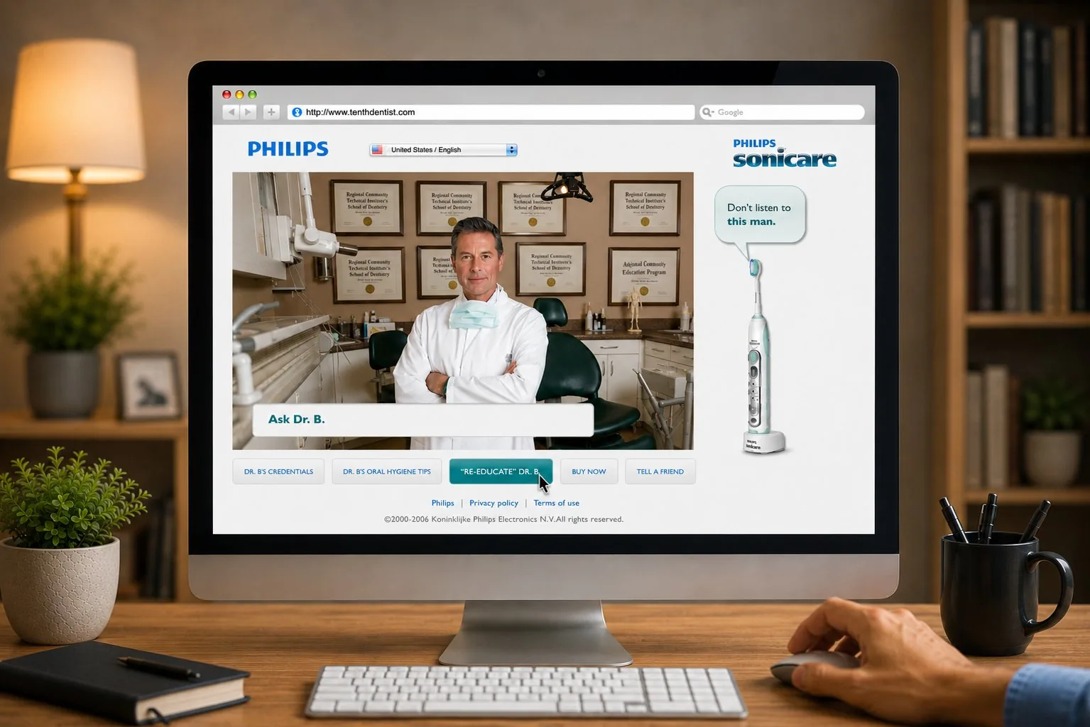 The 10thdentist.com homepage on a desktop: Dr. Barry Bloomgarden stands arms-crossed before a wall of framed Regional Community Technical Institute diplomas in his dental office, with an Ask Dr. B search field, Reeducate Dr. B navigation, and a Sonicare FlexCare toothbrush warning in a speech bubble, Don't listen to this man