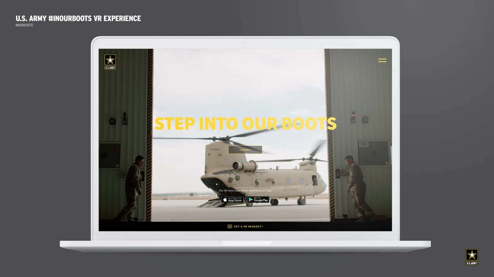 U.S. Army #InOurBoots VR experience: Step Into Our Boots microsite with Chinook helicopter