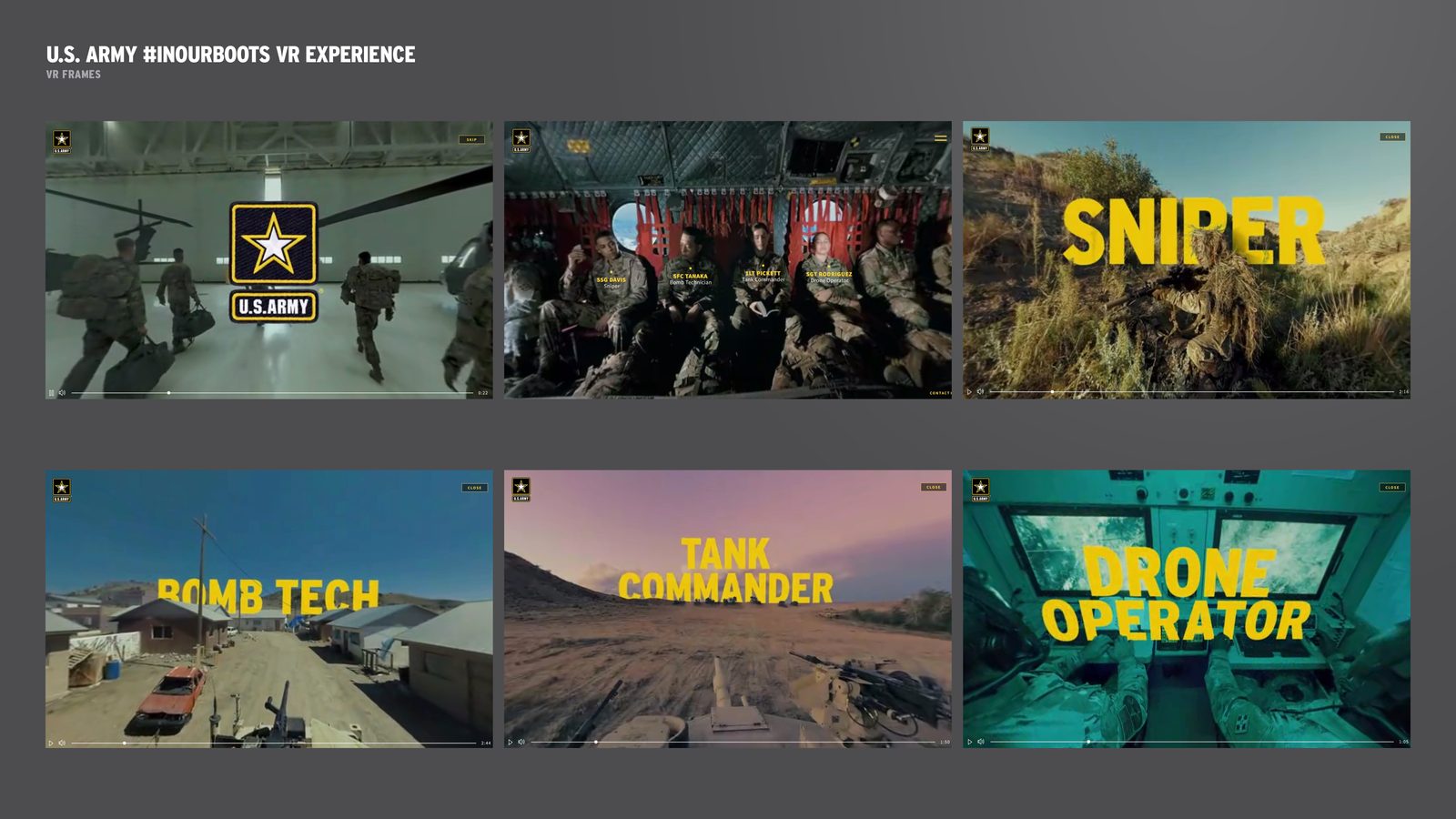 U.S. Army #InOurBoots VR mission frames: sniper, bomb tech, tank commander, drone operator