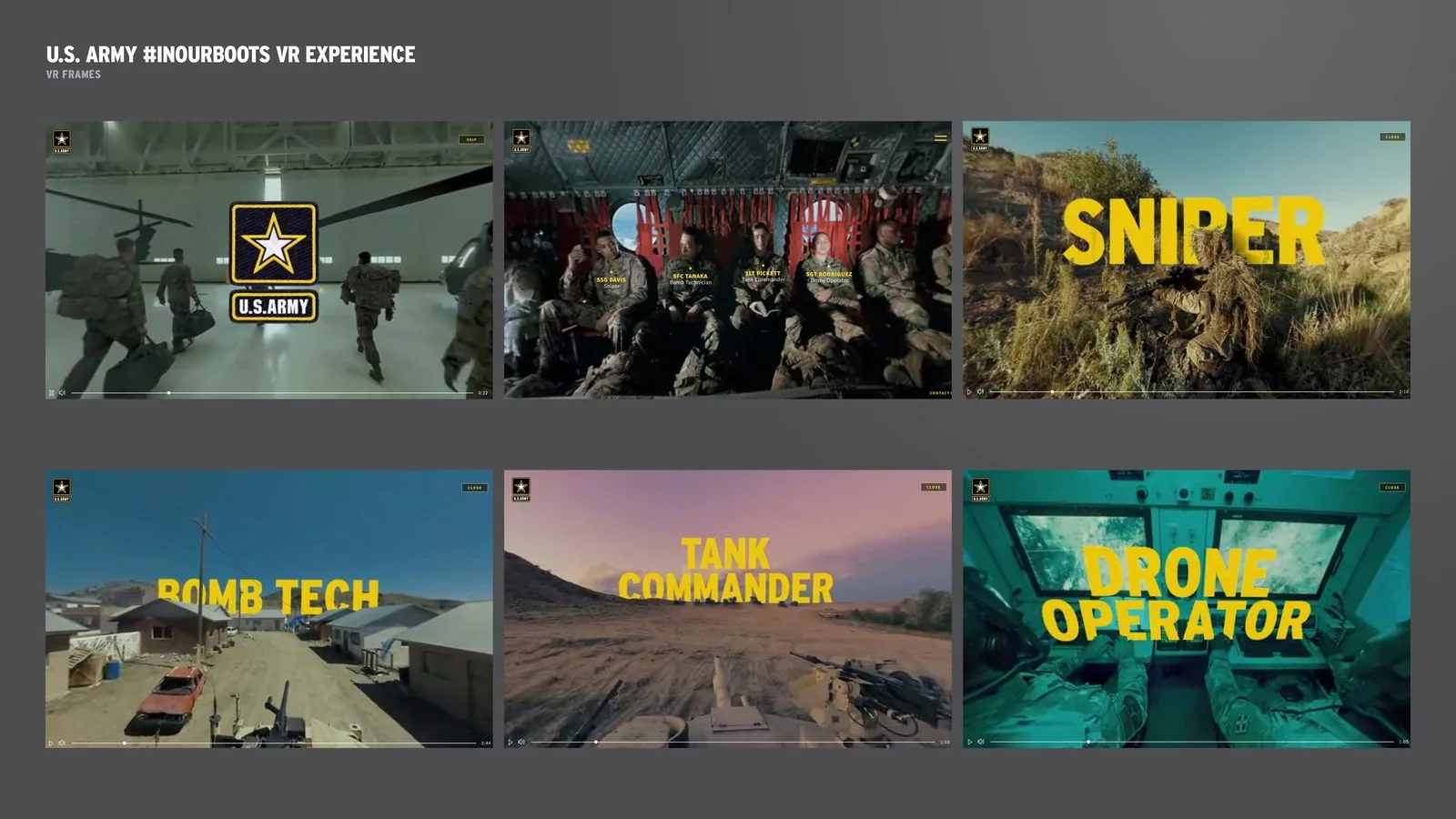 U.S. Army #InOurBoots VR mission frames: sniper, bomb tech, tank commander, drone operator