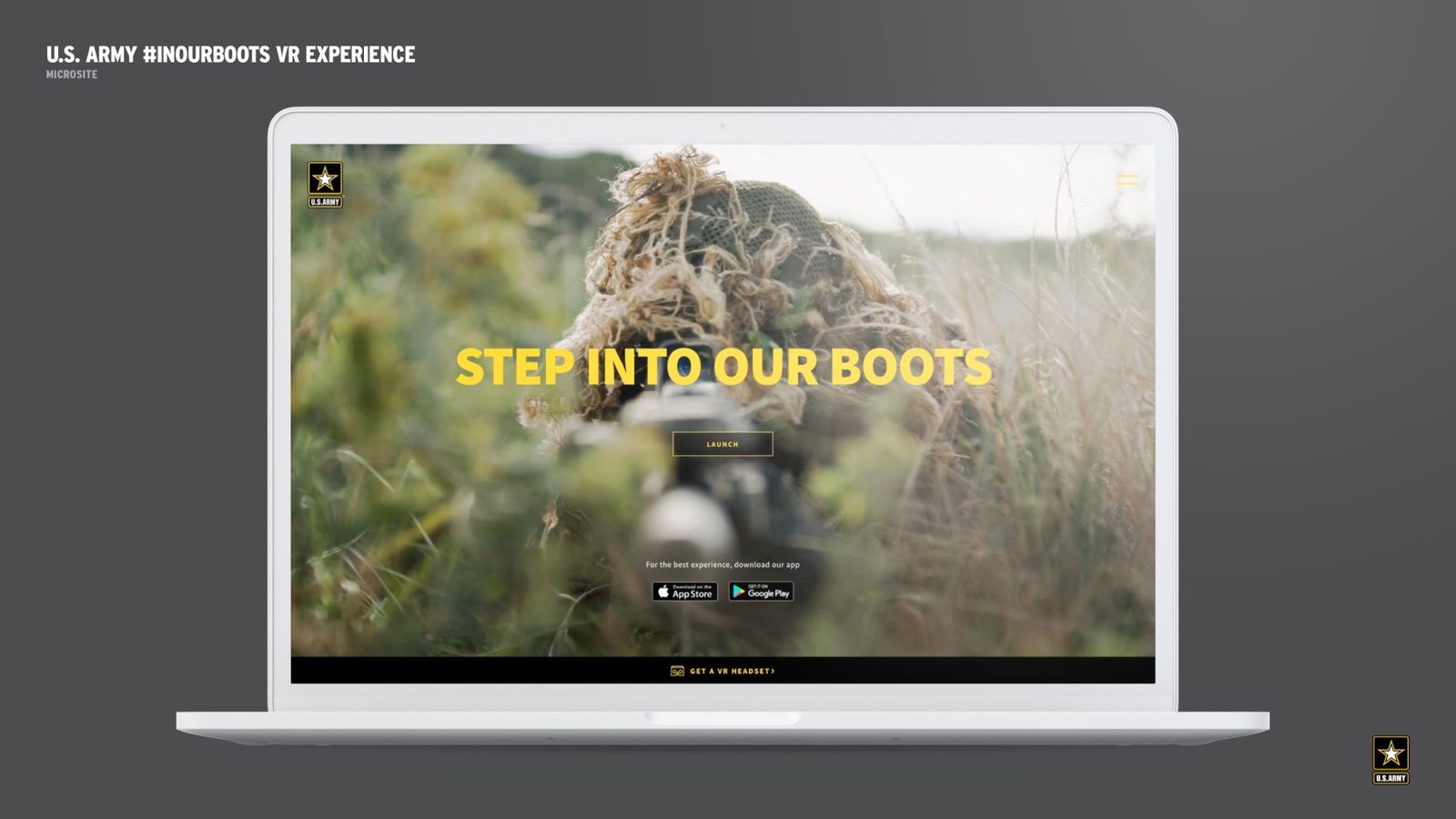 U.S. Army #InOurBoots: Step Into Our Boots microsite with ghillie-suit sniper