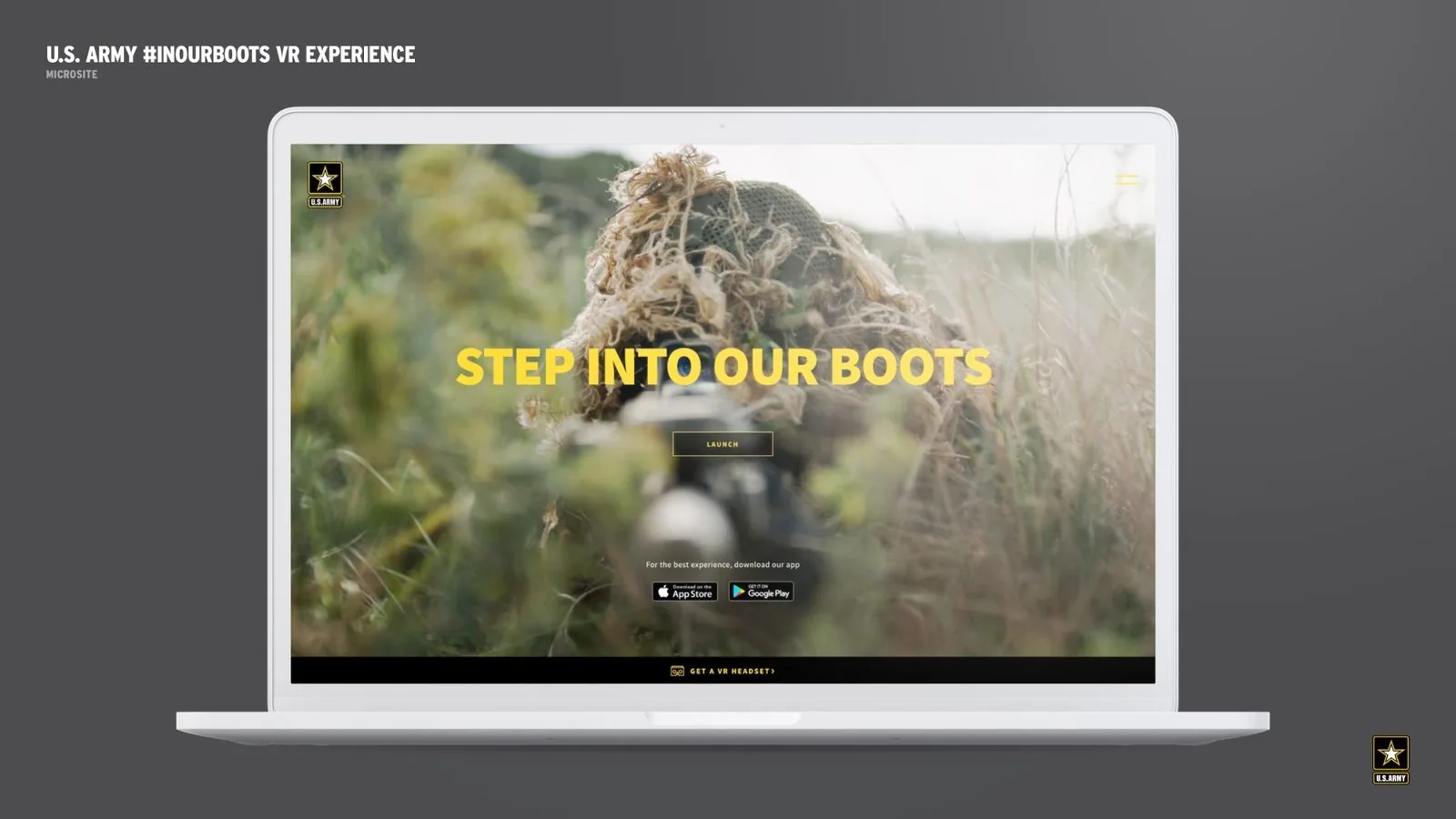 U.S. Army #InOurBoots: Step Into Our Boots microsite with ghillie-suit sniper