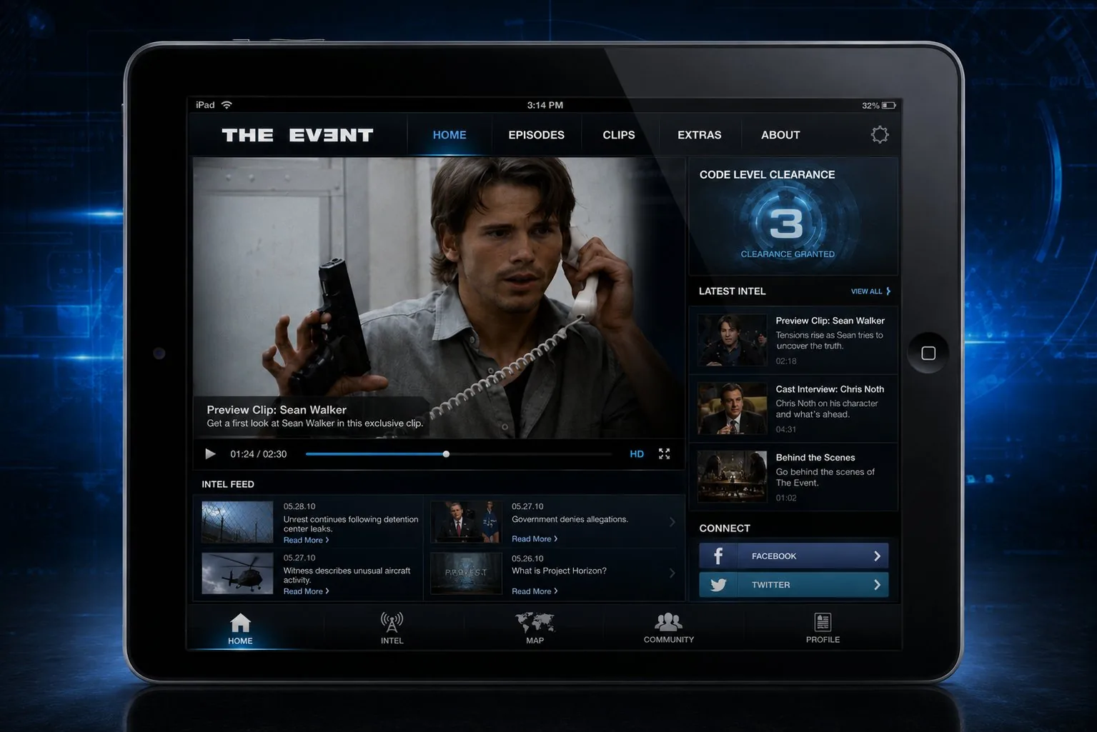 Operation Horizon Adobe AIR app on an iPad: THE EVENT episode player streaming a Sean Walker preview clip, a Code Level Clearance 3 badge, a Latest Intel rail of cast interviews and behind-the-scenes video, a dated Intel Feed of in-world news, and Facebook and Twitter connect panels