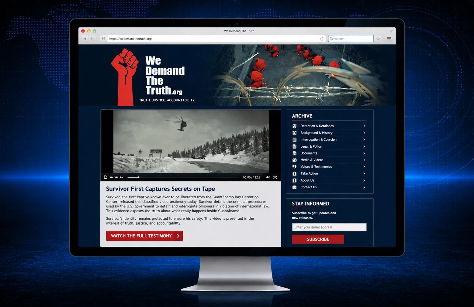 WeDemandTheTruth.org blog on a desktop screen with leaked Alaska footage and archive sidebar