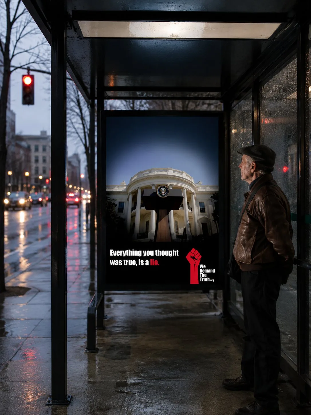 We Demand The Truth bus-shelter poster: the White House with the line Everything you thought was true, is a lie