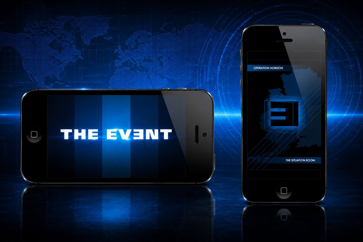Operation Horizon mobile app suite intro: THE EVENT title screen on a landscape phone beside the Situation Room entry screen on a portrait phone, over a dotted world map and radar rings