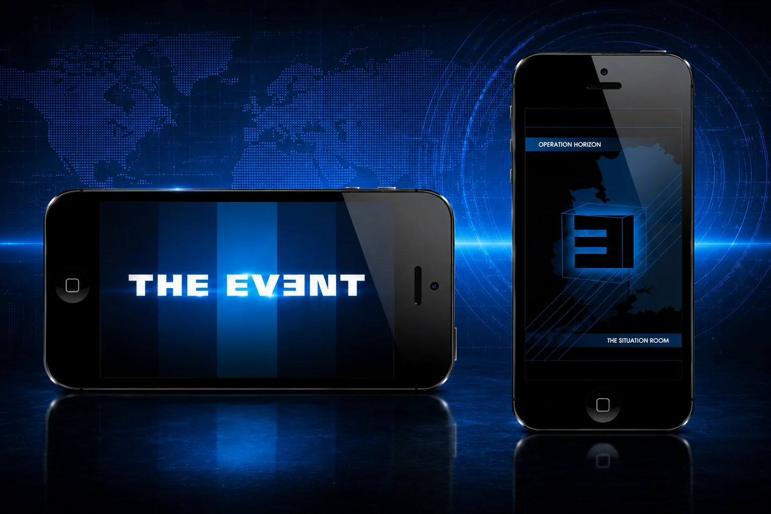 Operation Horizon mobile app suite intro: THE EVENT title screen on a landscape phone beside the Situation Room entry screen on a portrait phone, over a dotted world map and radar rings