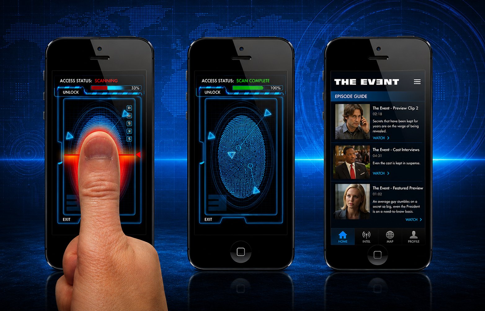 The Situation Room app: thumbprint scan access screens and unlocked episode guide across three phones