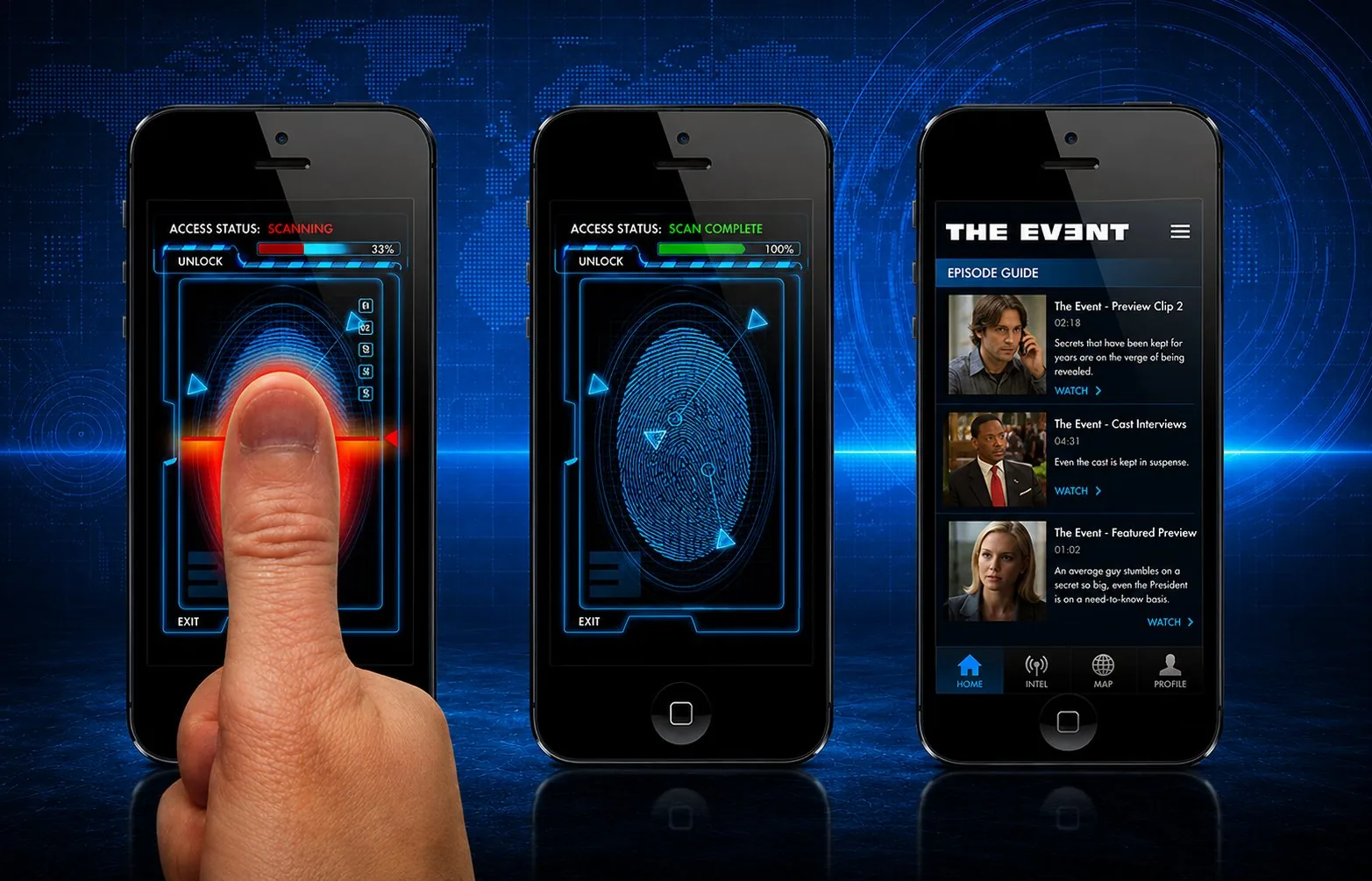 The Situation Room app: thumbprint scan access screens and unlocked episode guide across three phones