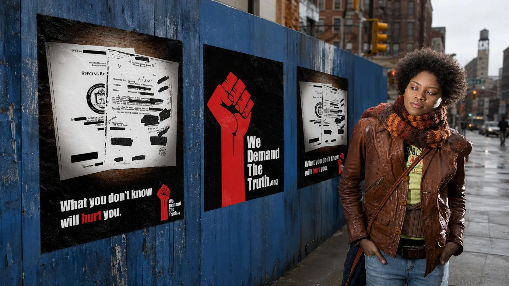 We Demand The Truth wild postings: redacted-document posters and fist mark on a construction fence