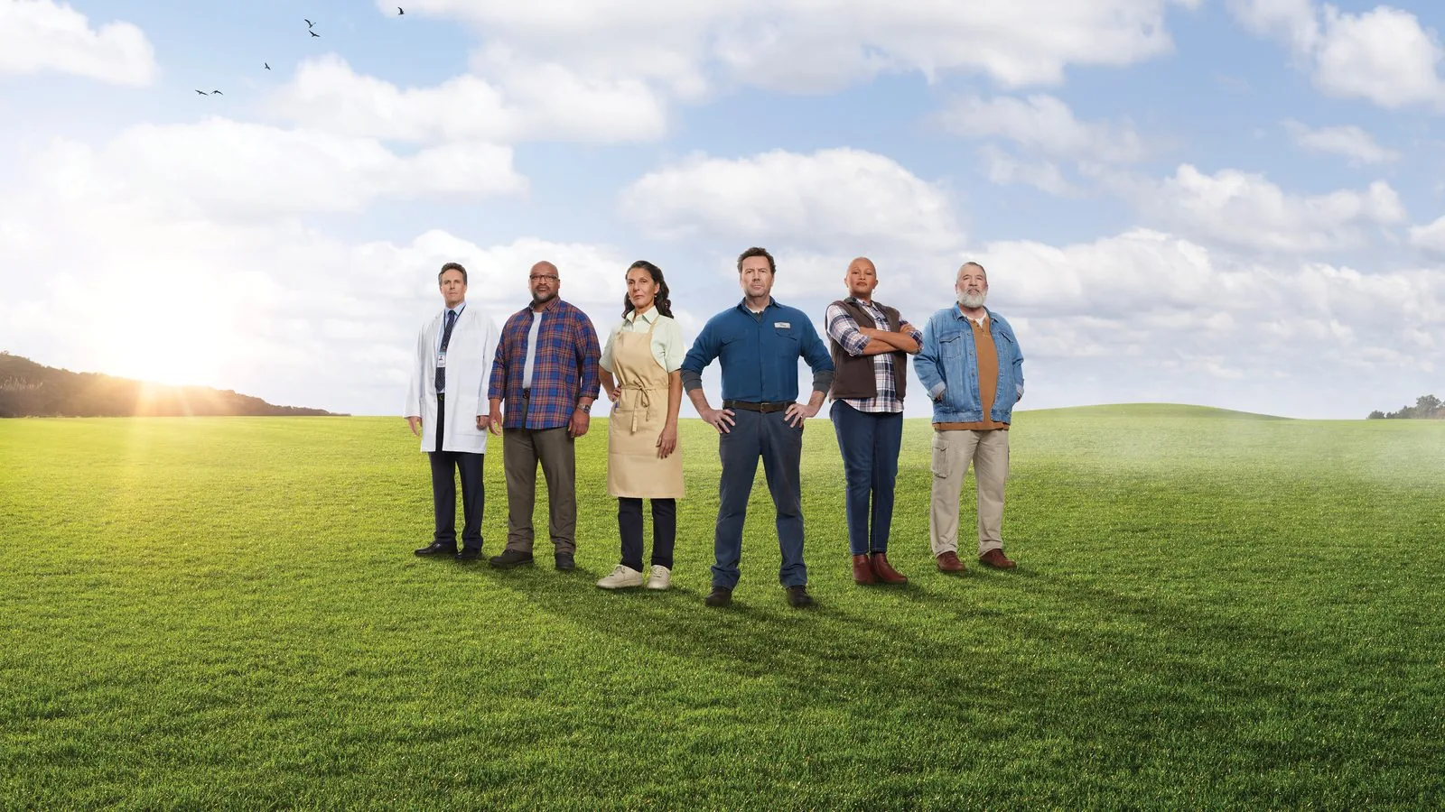 Novartis FIGHT CVD key visual: six everyday people, a doctor among them, standing together in a sunlit green field