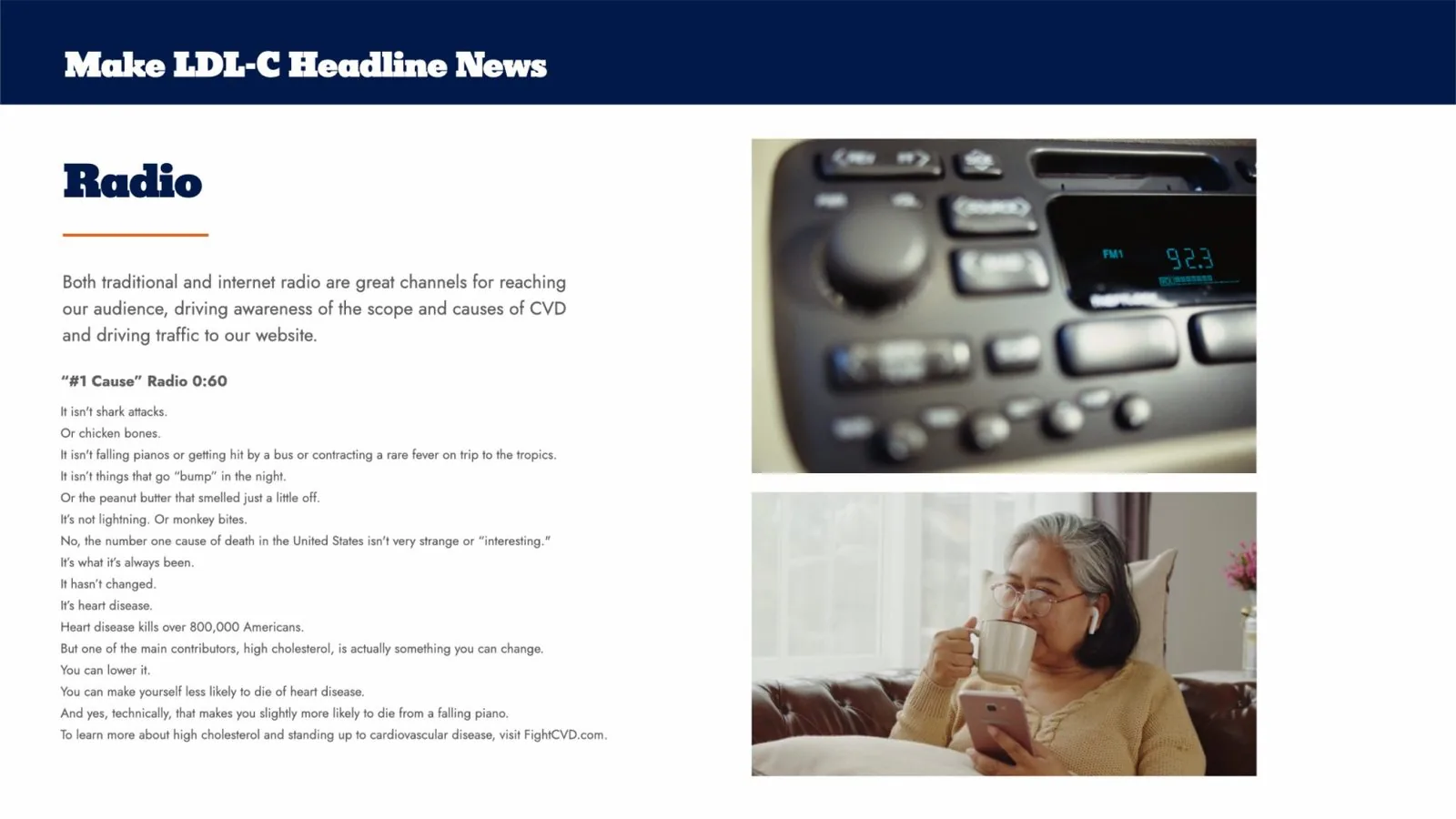 Novartis market prep deck: radio advertising concept with the #1 Cause 0:60 script, a car radio and a listener at home