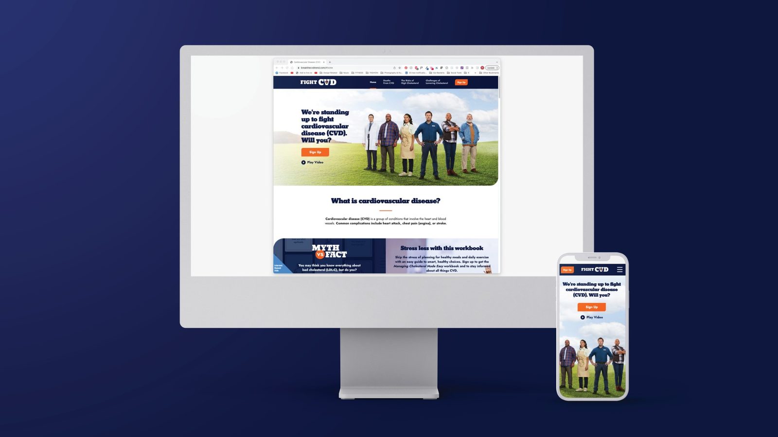 FightCVD.com responsive website shown on a desktop monitor and a phone, with the campaign cast on the homepage hero