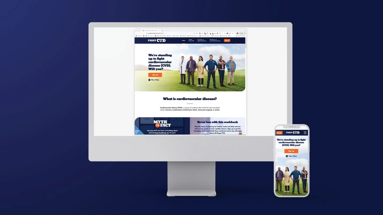 FightCVD.com responsive website shown on a desktop monitor and a phone, with the campaign cast on the homepage hero