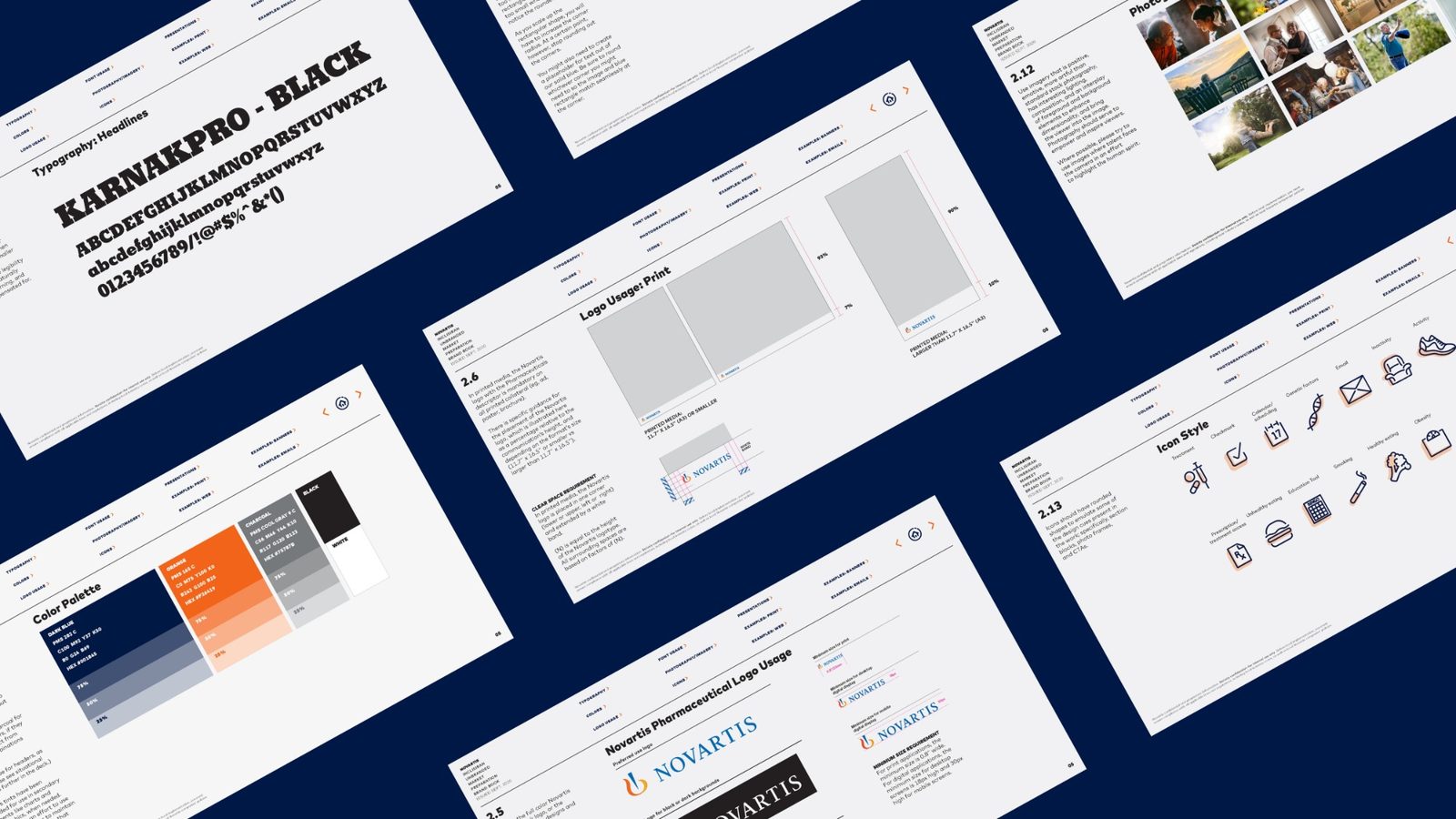 Novartis FIGHT CVD brand guidelines sample: typography, color palette, logo usage, photography and icon style pages fanned on navy