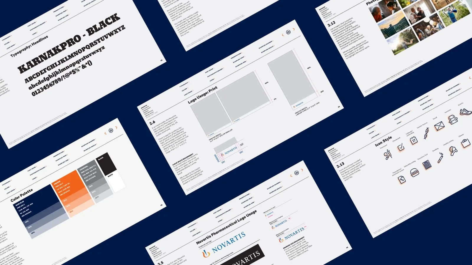 Novartis FIGHT CVD brand guidelines sample: typography, color palette, logo usage, photography and icon style pages fanned on navy