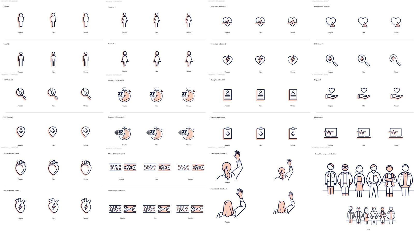Novartis FIGHT CVD icon library sample: line icons in three weights, from heart and artery symbols to raised hands and group shots