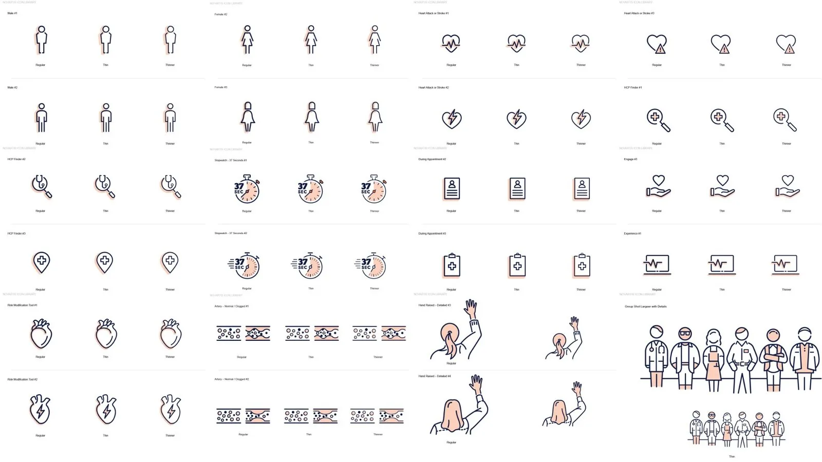 Novartis FIGHT CVD icon library sample: line icons in three weights, from heart and artery symbols to raised hands and group shots