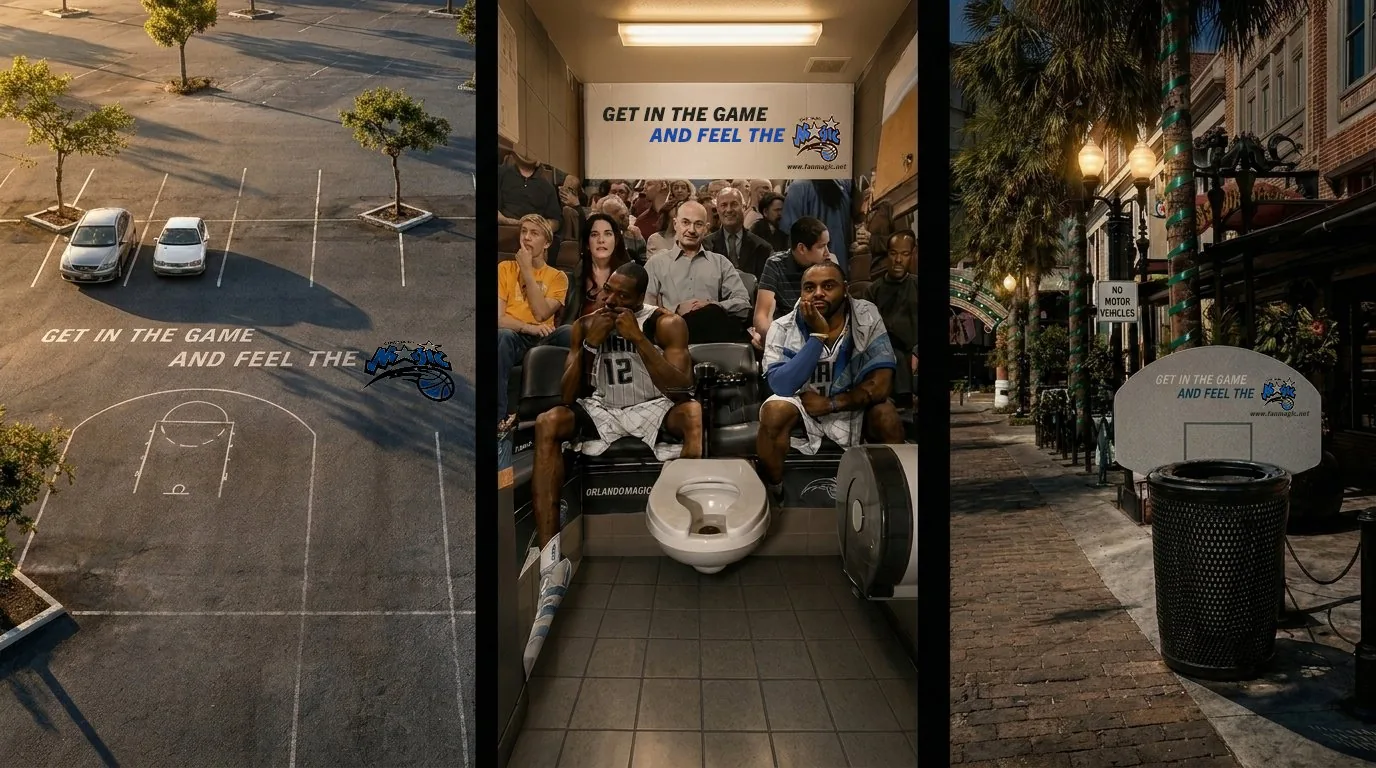Three Orlando Magic guerrilla executions: a parking lot painted as a basketball court, courtside players on a restroom-stall wall and a trash can with a mini backboard