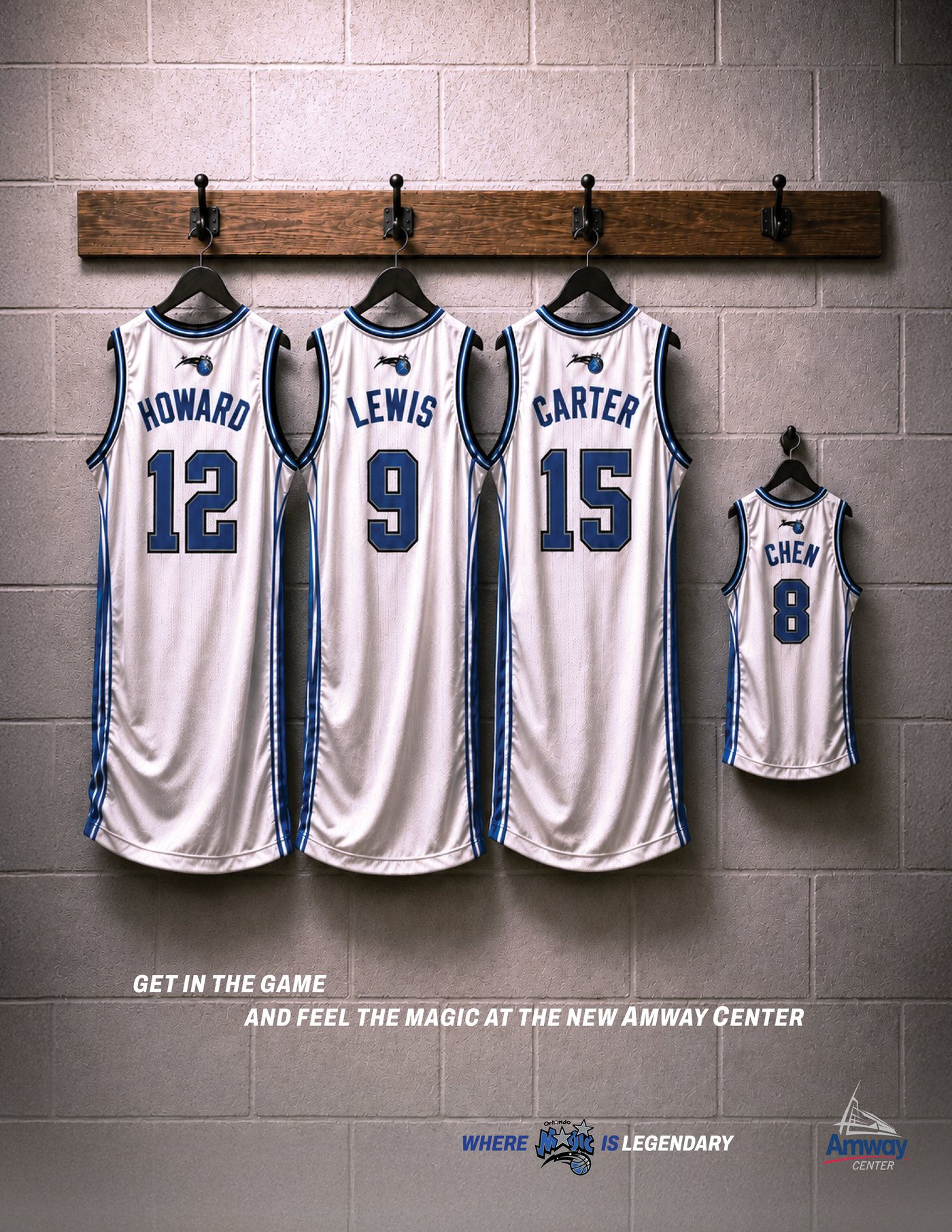 Orlando Magic print ad: giant Howard, Lewis and Carter jerseys on a locker-room rail beside a fan-sized Chen jersey, under the headline Get in the game and feel the Magic at the new Amway Center