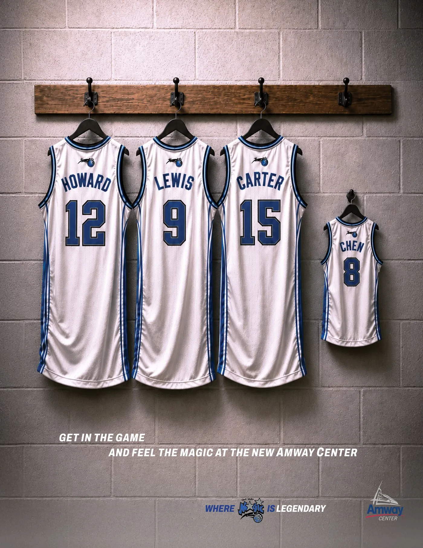 Orlando Magic print ad: giant Howard, Lewis and Carter jerseys on a locker-room rail beside a fan-sized Chen jersey, under the headline Get in the game and feel the Magic at the new Amway Center