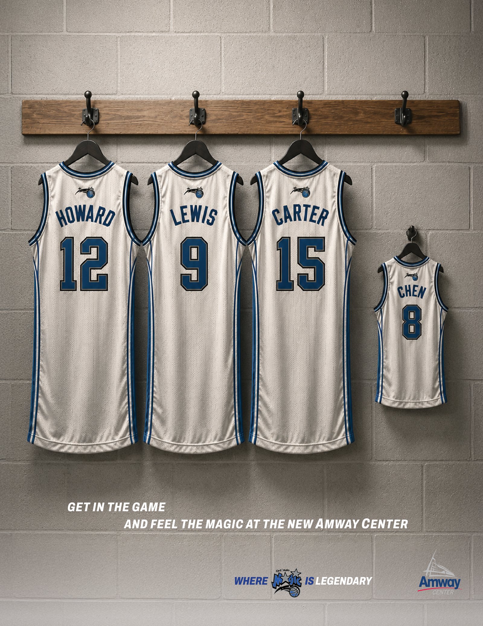 Orlando Magic print ad: giant Howard, Lewis and Carter jerseys on a locker-room rail beside a fan-sized Chen jersey, under the headline Get in the game and feel the Magic at the new Amway Center